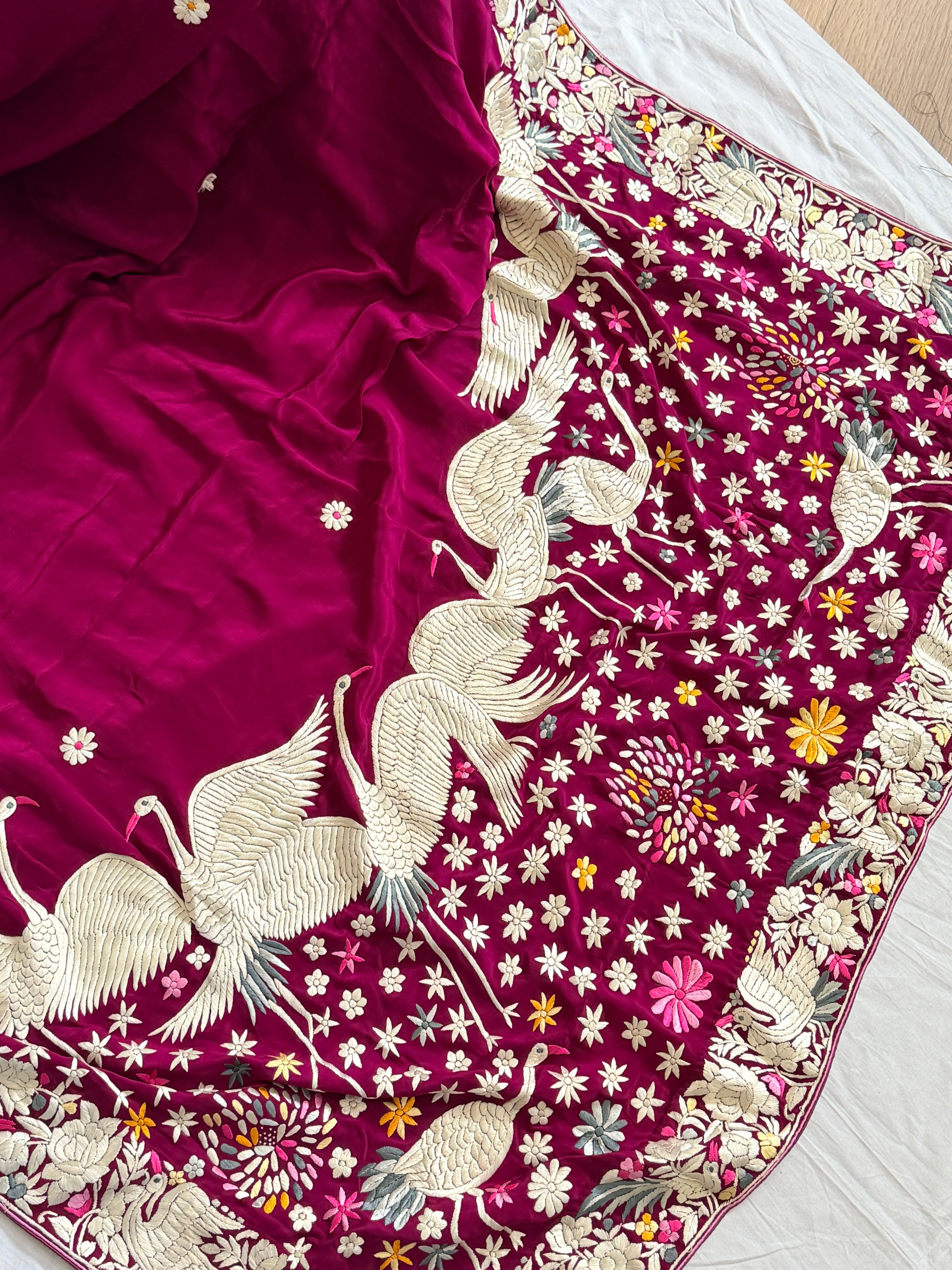 Parsi Gara hand embroidered crepe silk saree