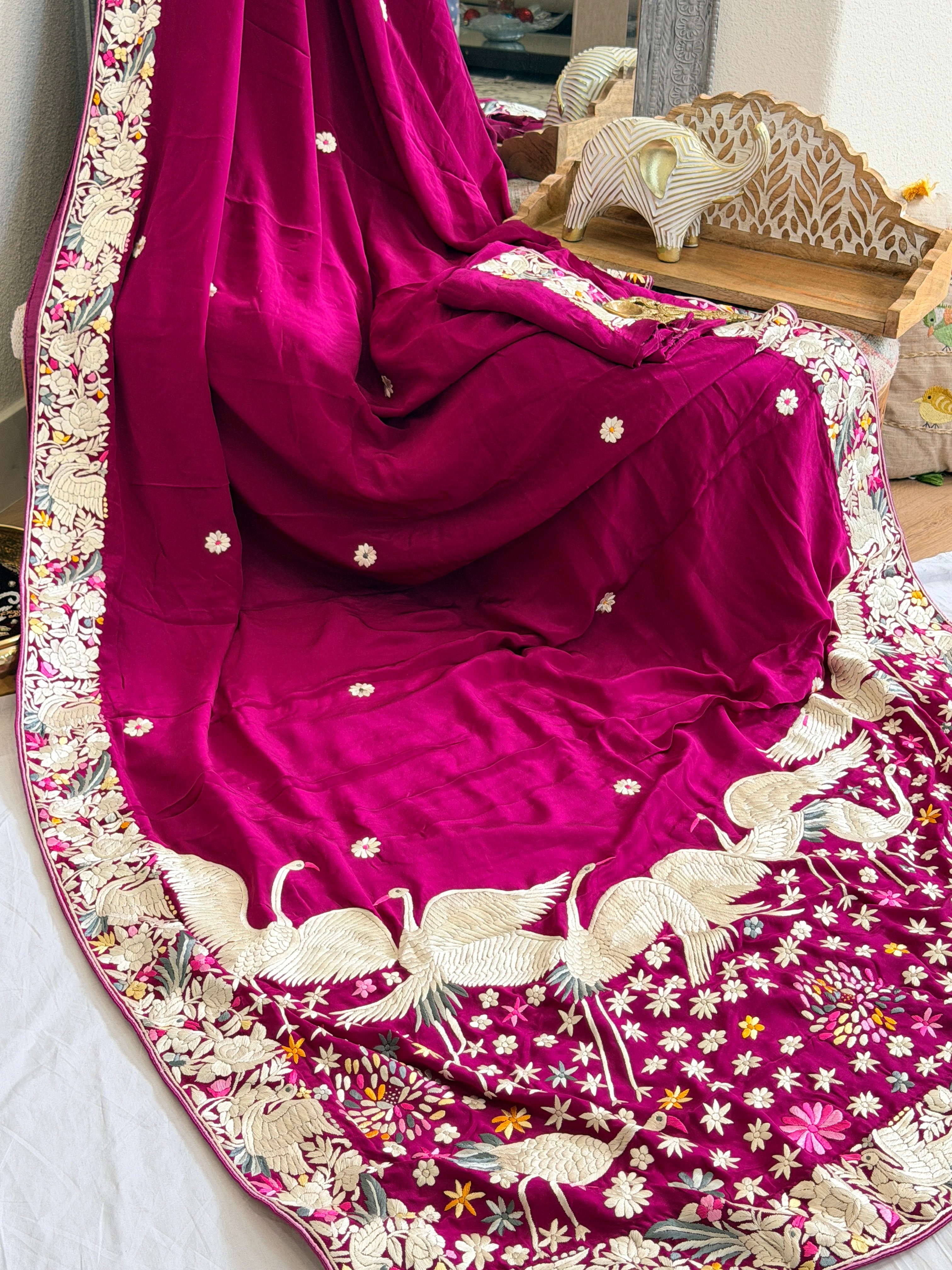 Parsi Gara hand embroidered crepe silk saree
