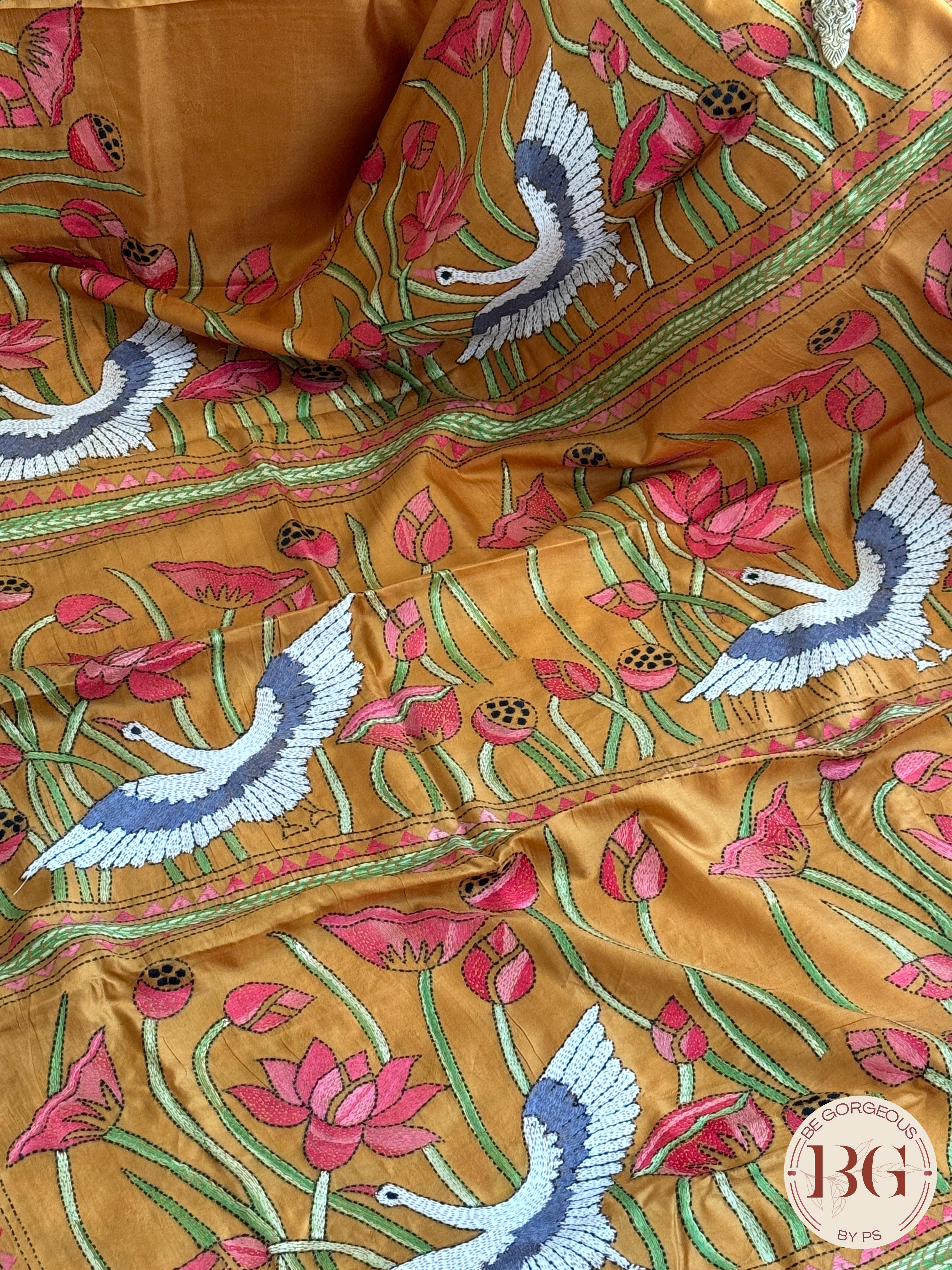 Kantha Stitch Saree on bangalore silk - mustard
