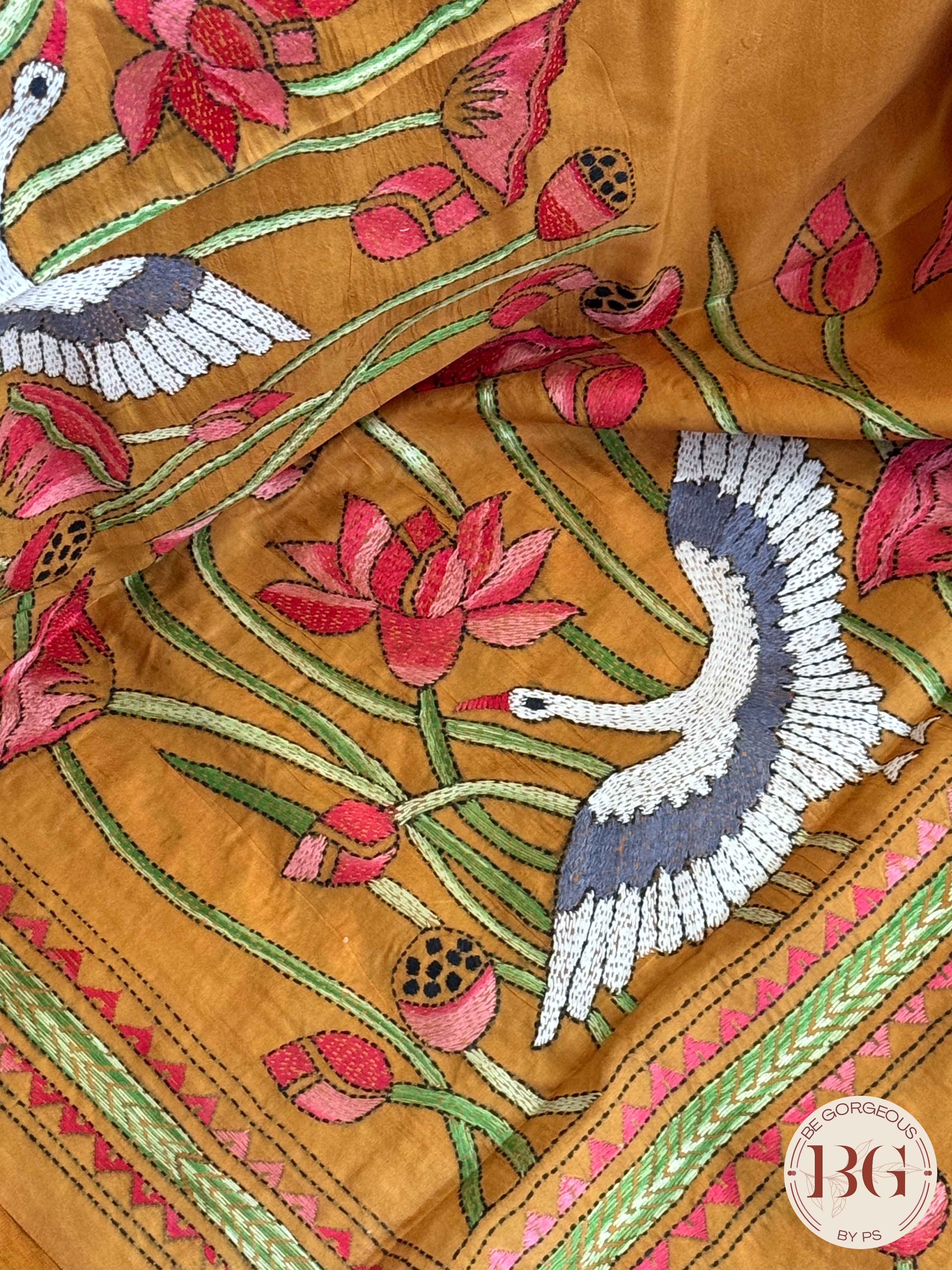 Kantha Stitch Saree on bangalore silk - mustard