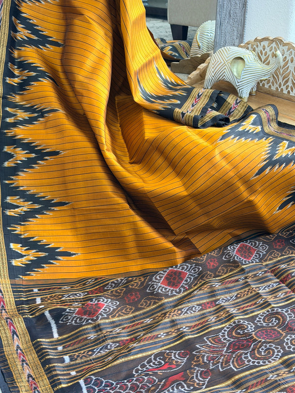 Stripe body big temple border pure khandua silk saree