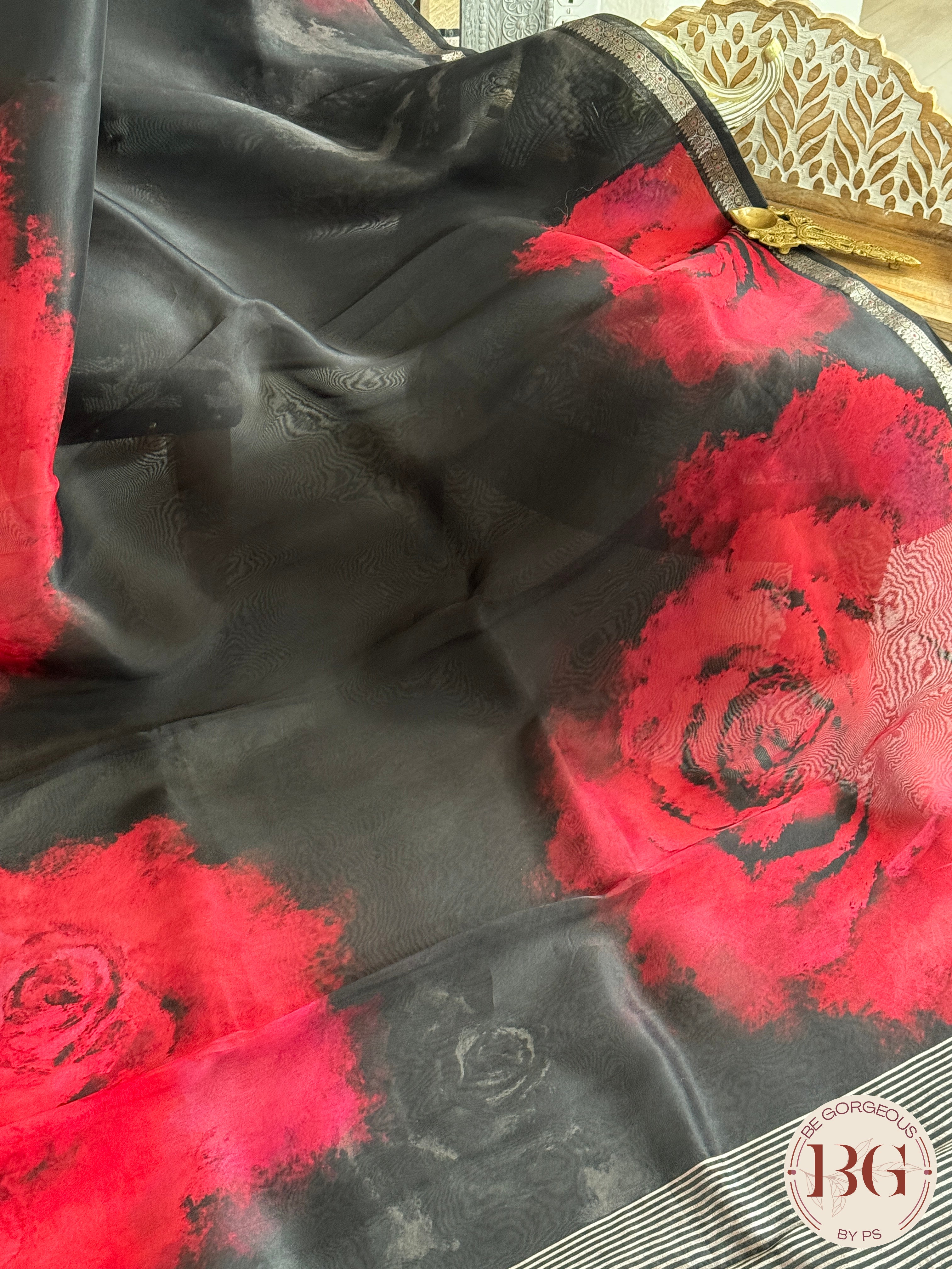 Organza Silk Saree with floral digital print - red