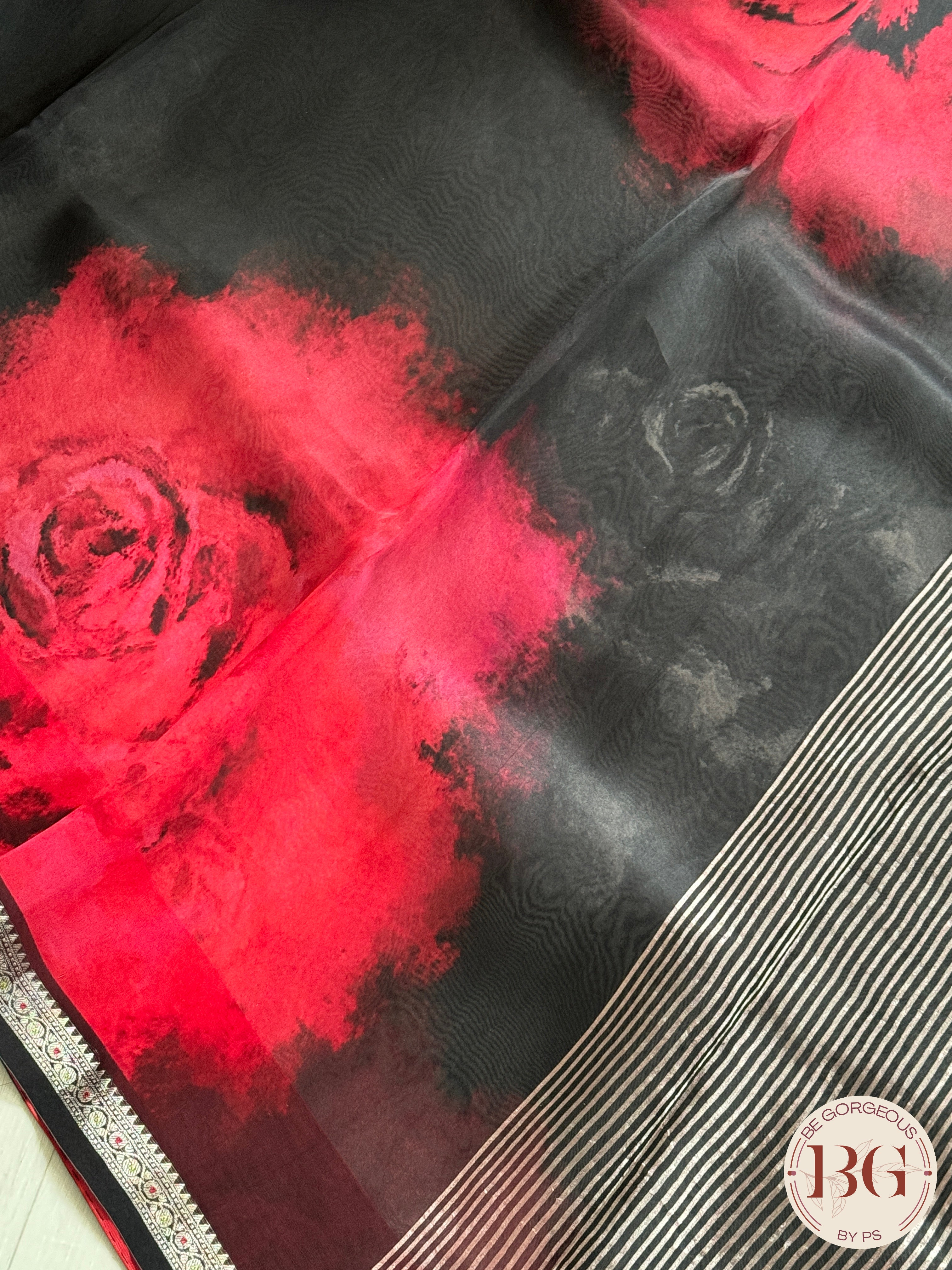 Organza Silk Saree with floral digital print - red