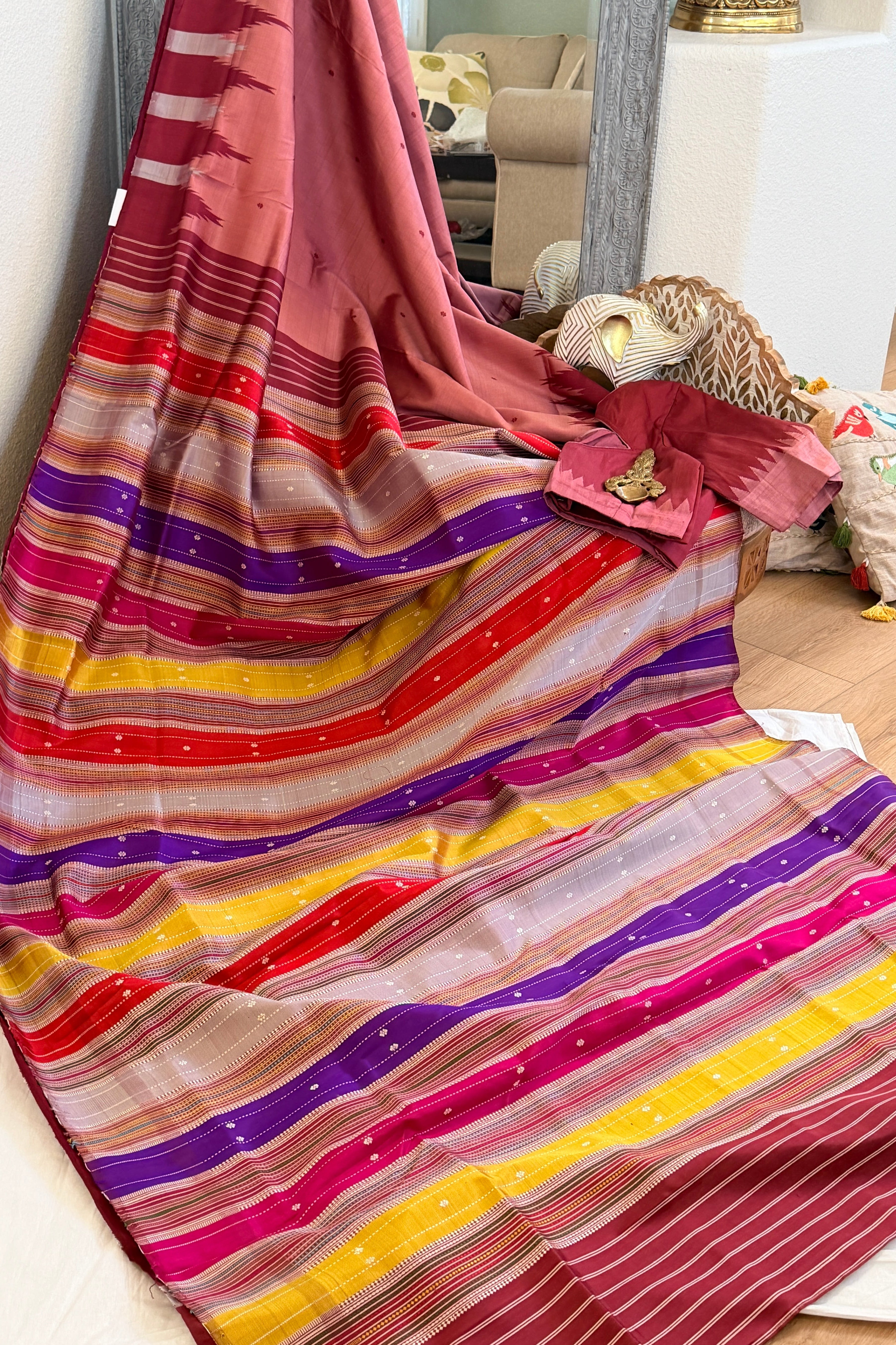 Berhampuri pure silk doubble palu peach color plain border