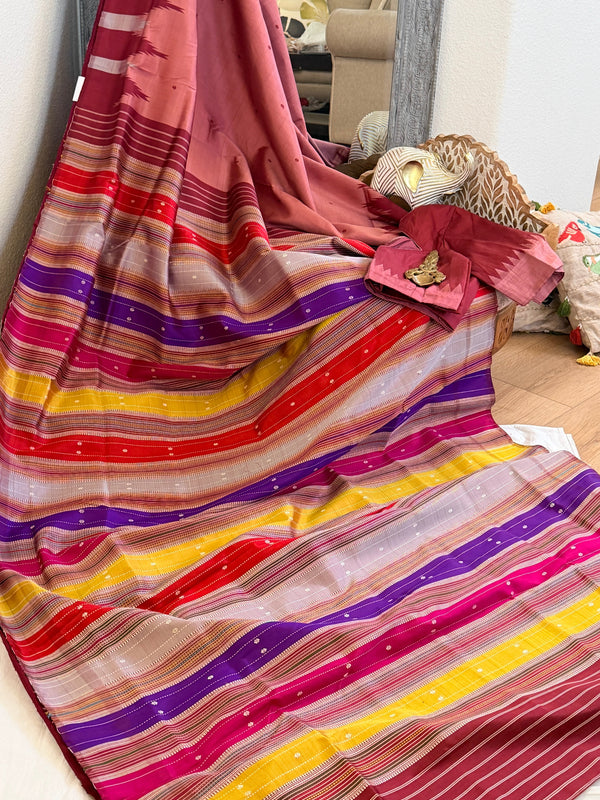 Berhampuri pure silk doubble palu peach color plain border