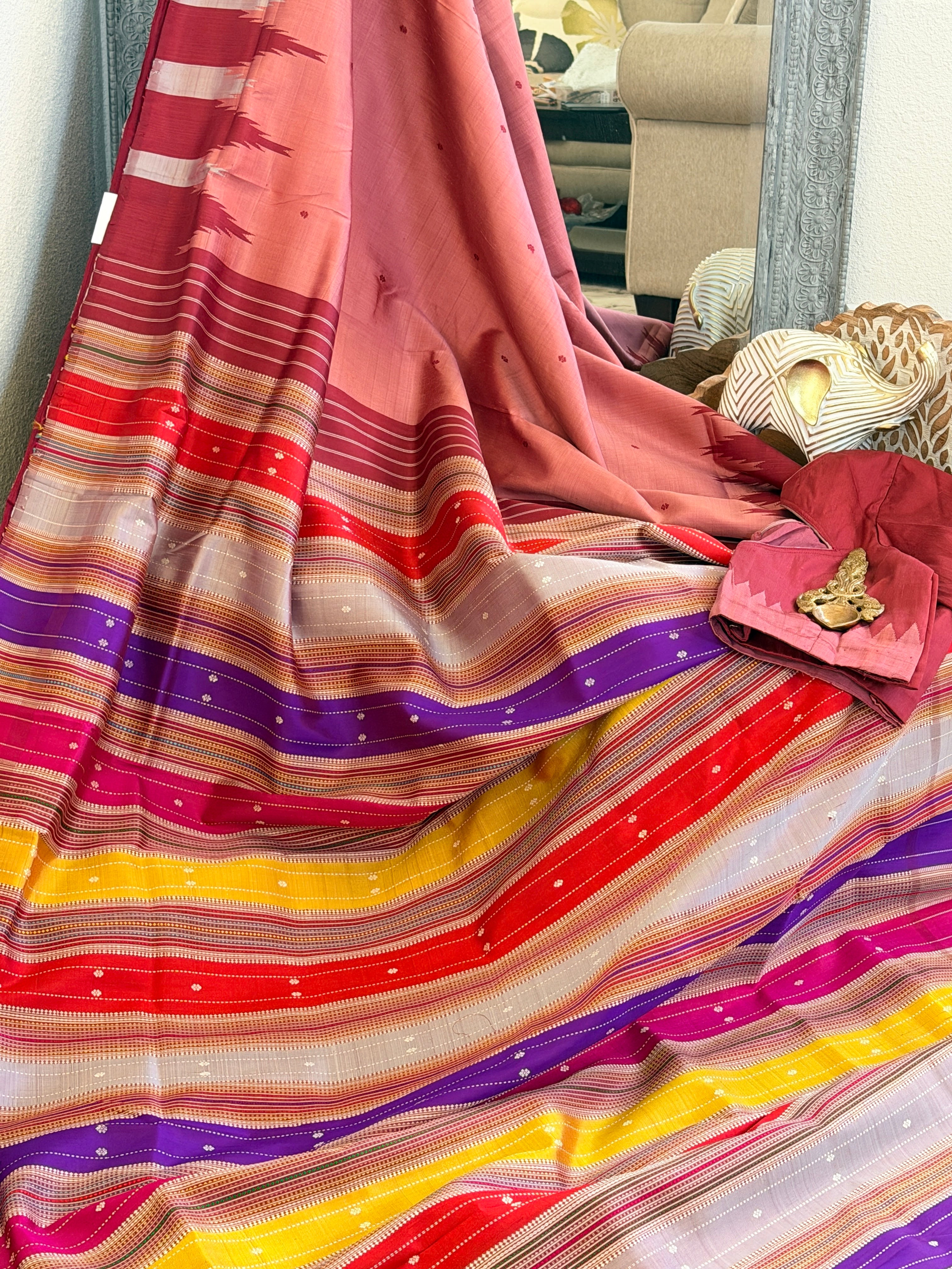 Berhampuri pure silk doubble palu peach color plain border