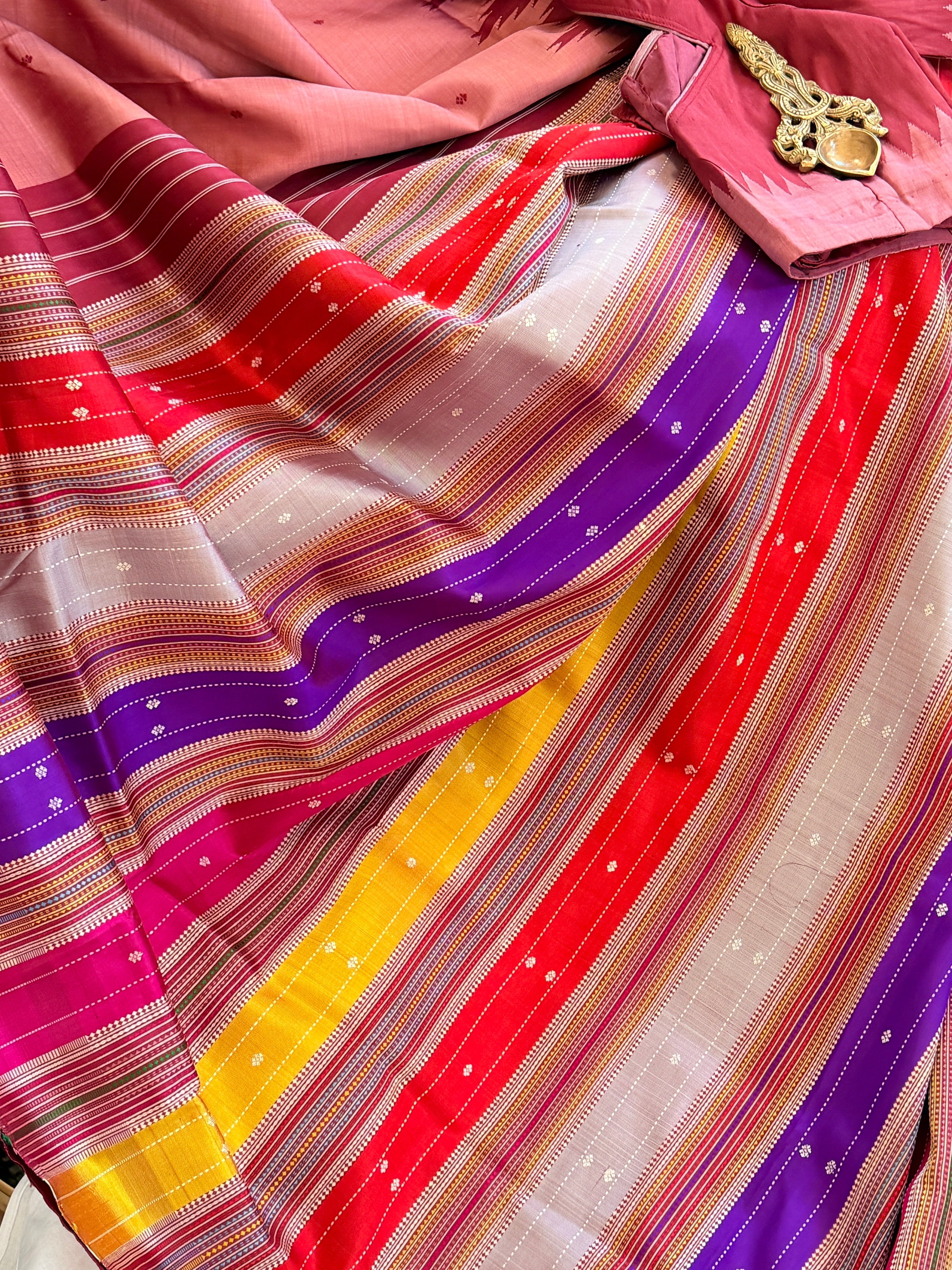 Berhampuri pure silk doubble palu peach color plain border