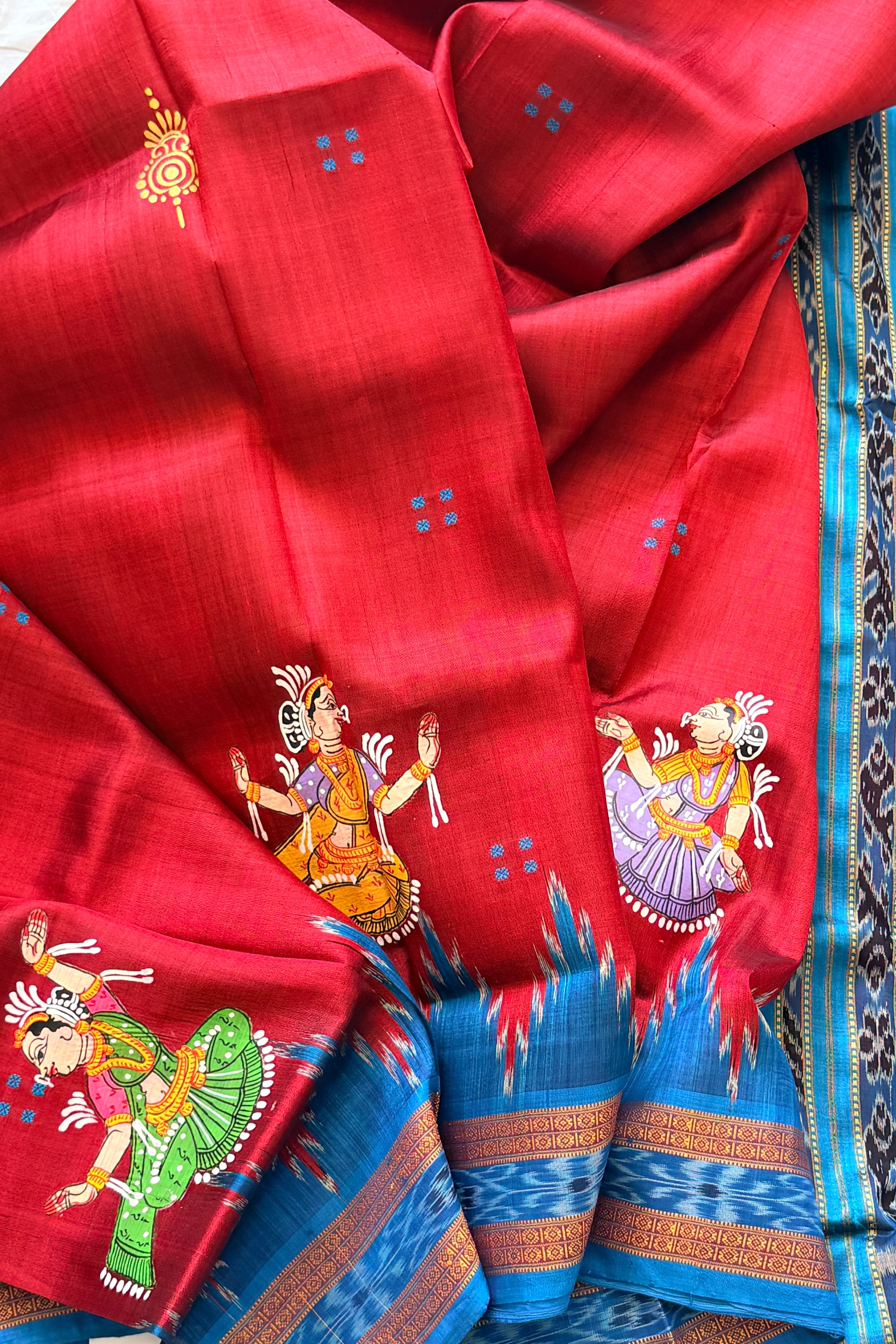 Khandua plain mini buti odisha handloom saree with pattachitra