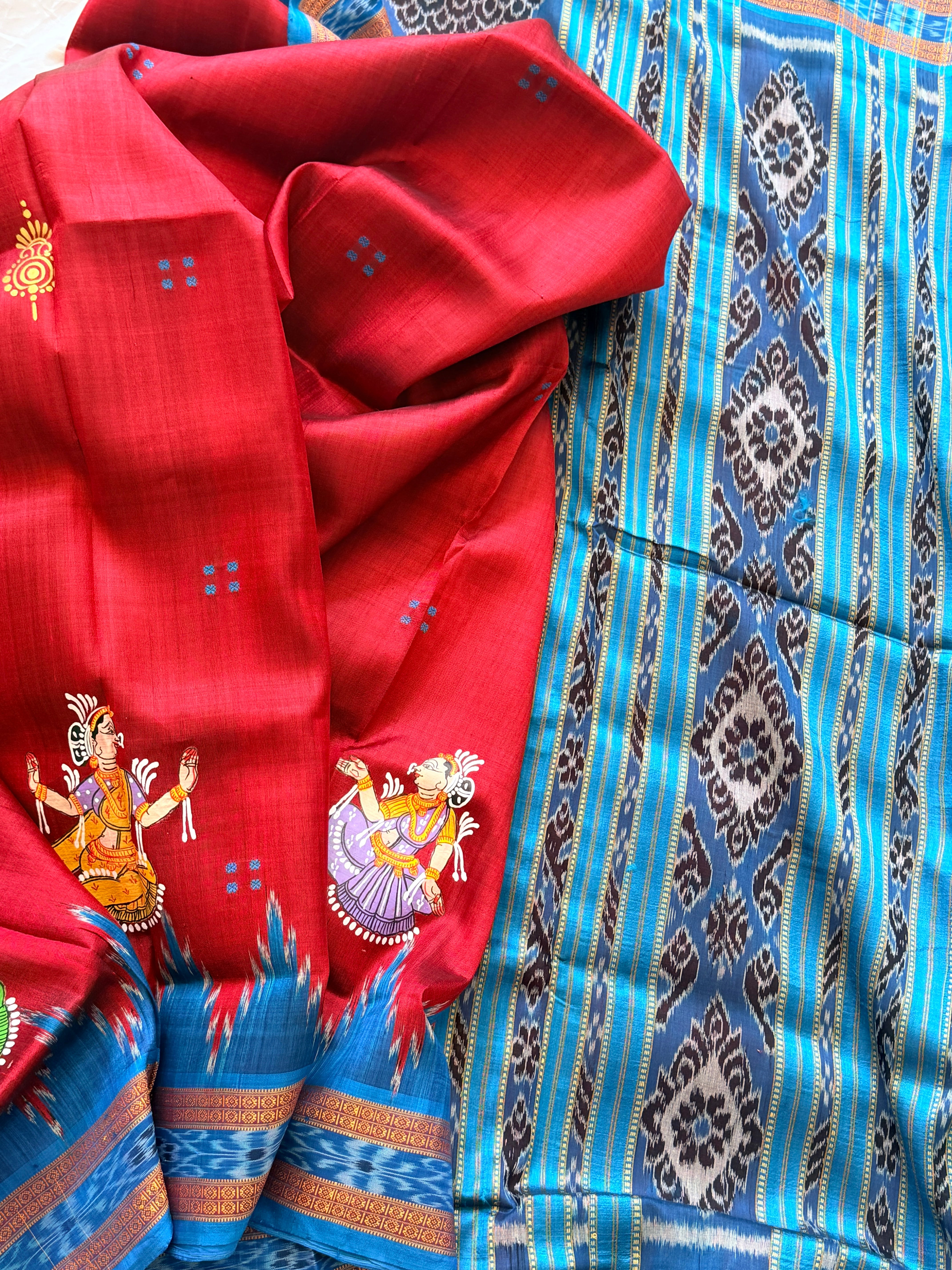 Khandua plain mini buti odisha handloom saree with pattachitra