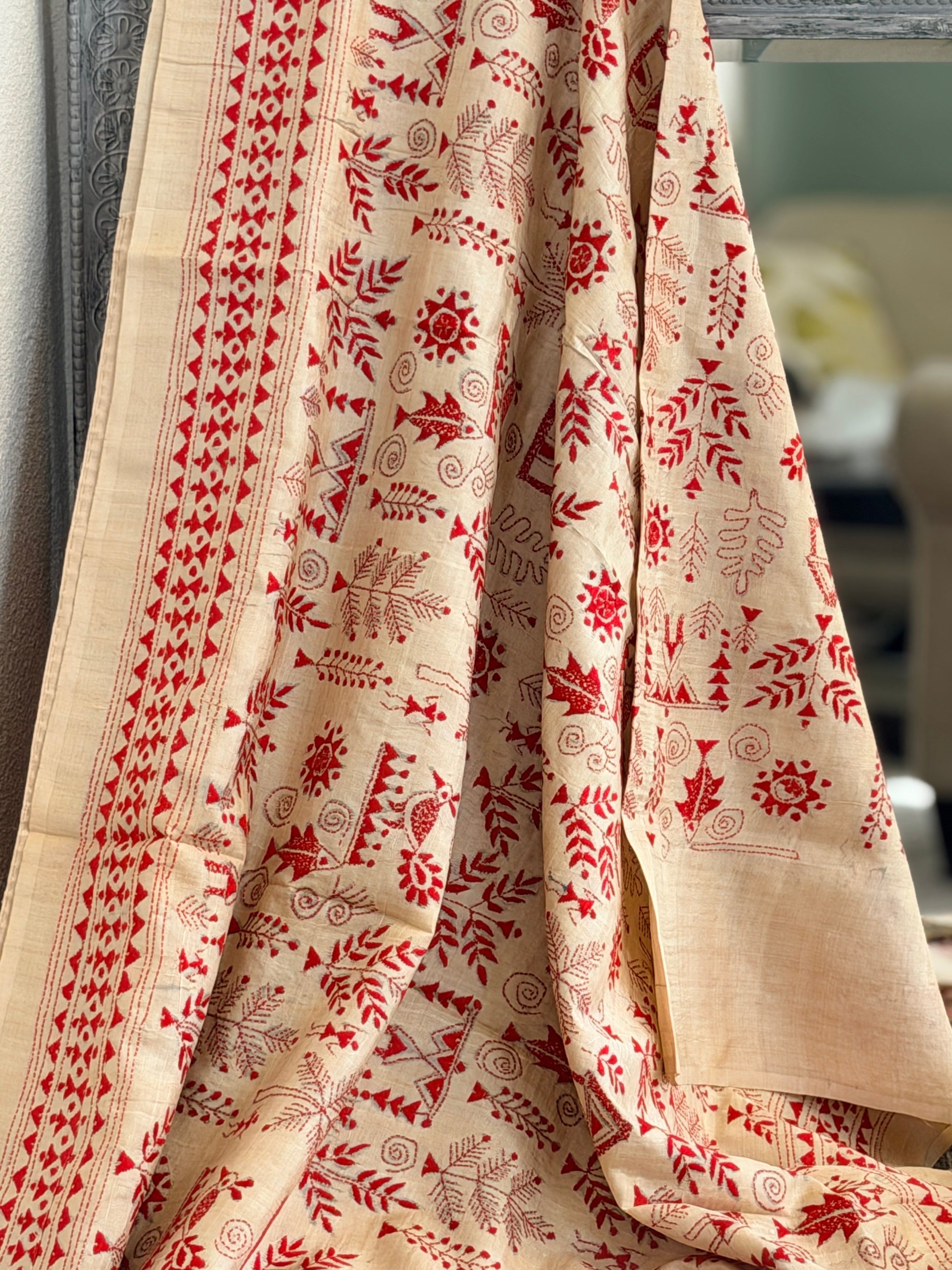 Kantha Stitch Saree on tussar silk with warli work