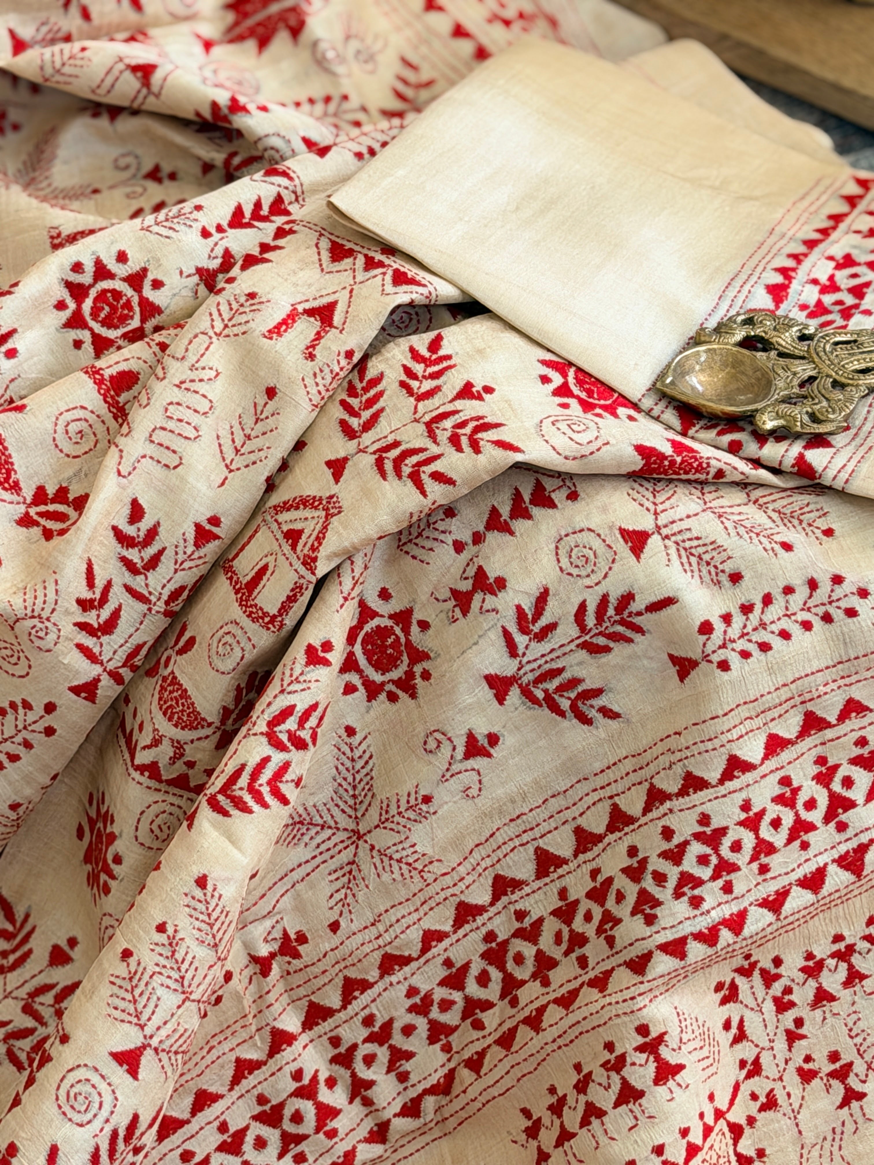 Kantha Stitch Saree on tussar silk with warli work