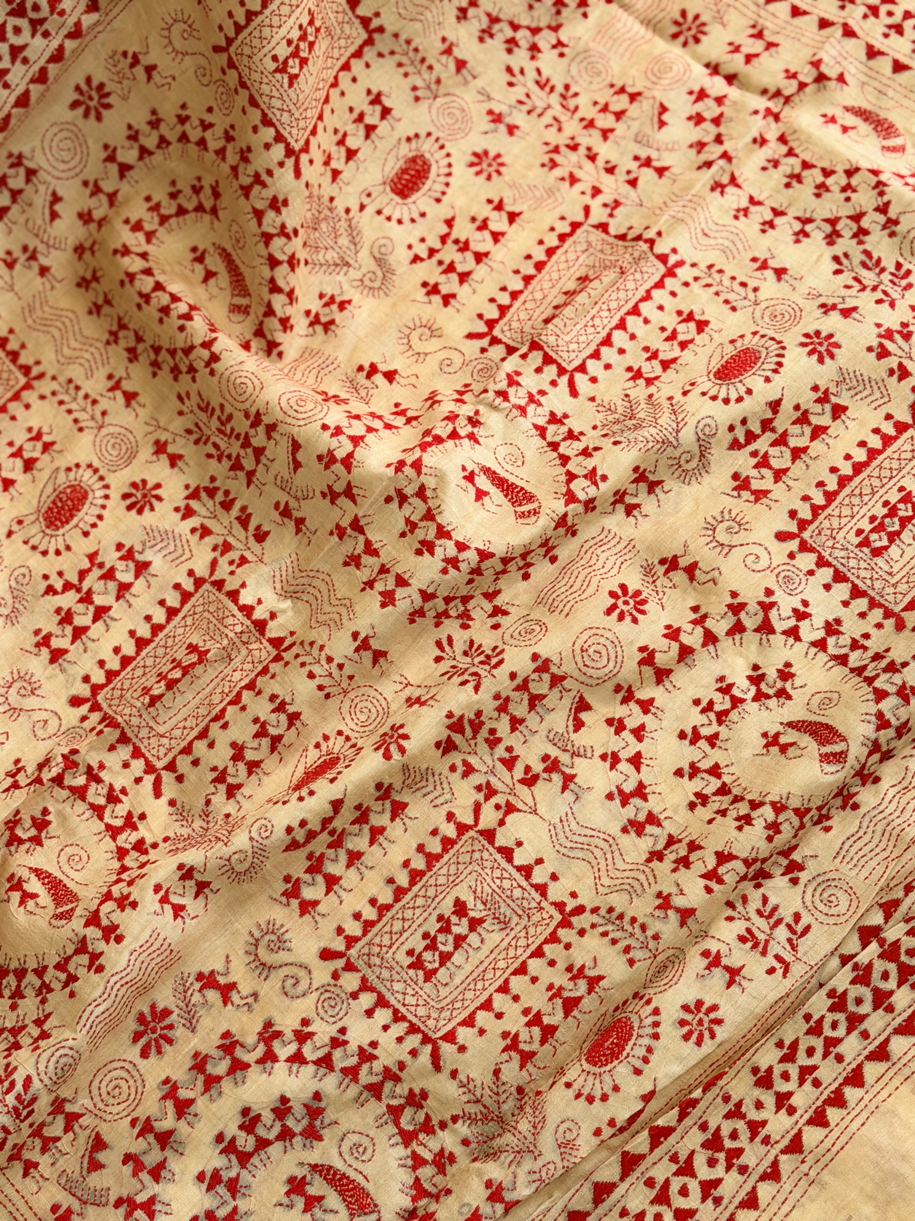 Kantha Stitch Saree on tussar silk with warli work