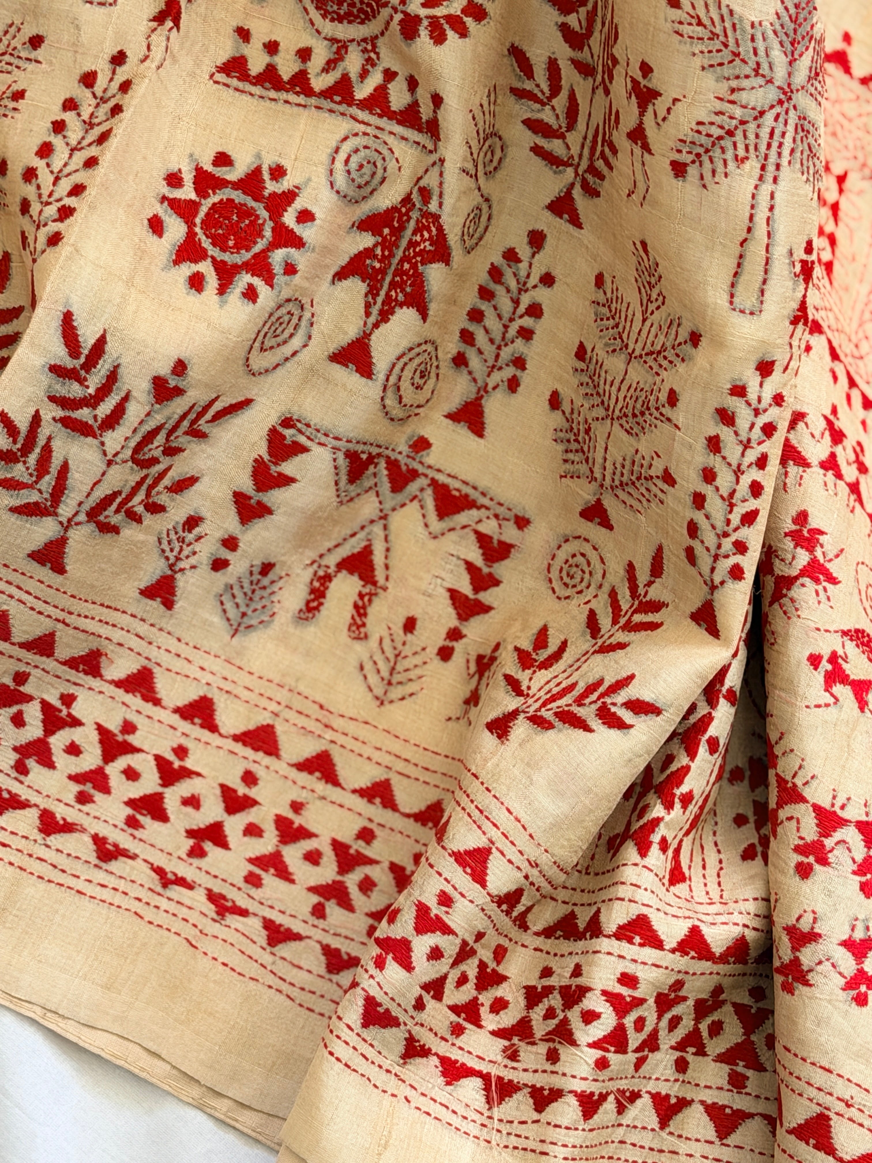 Kantha Stitch Saree on tussar silk with warli work