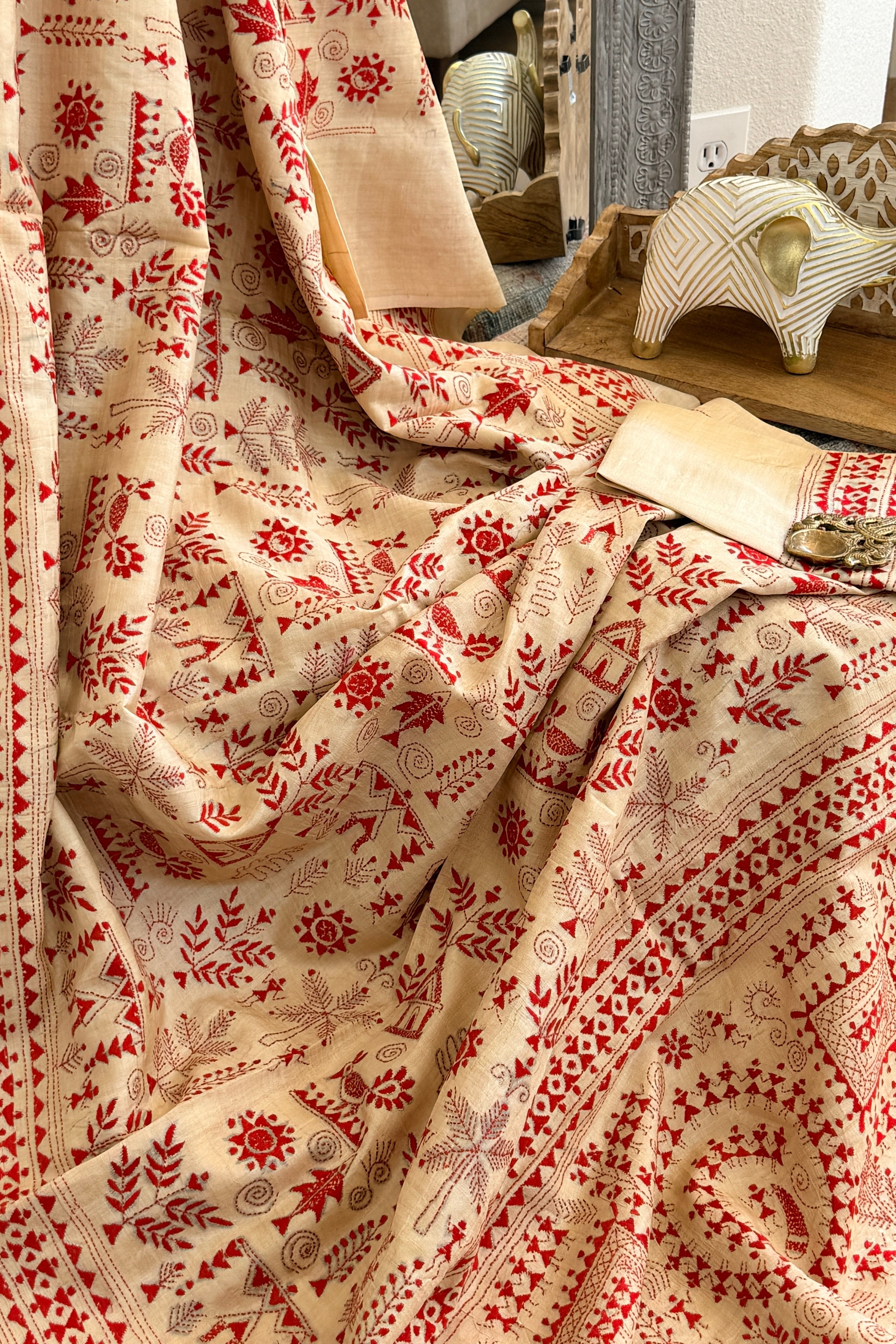 Kantha Stitch Saree on tussar silk with warli work