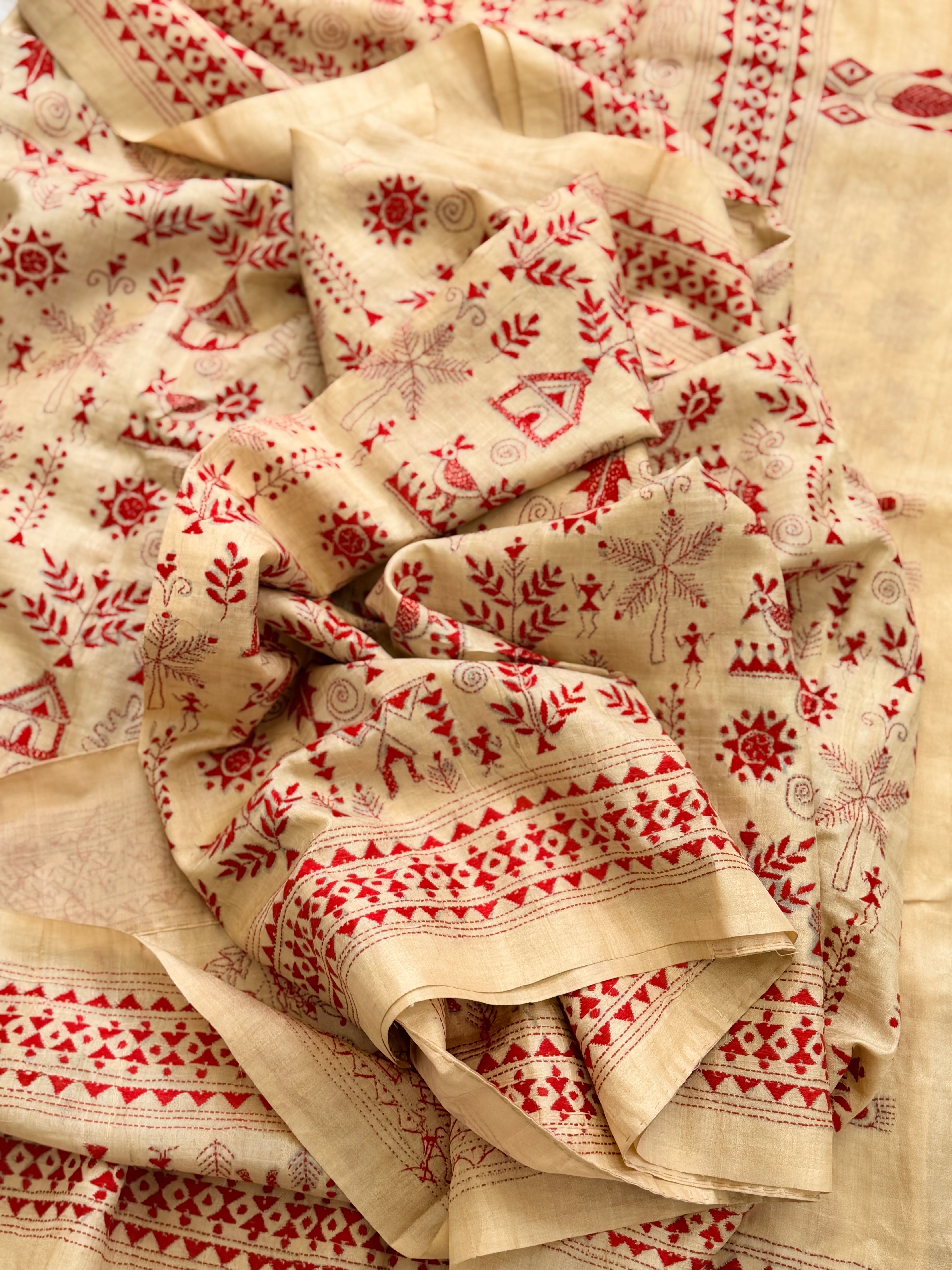 Kantha Stitch Saree on tussar silk with warli work