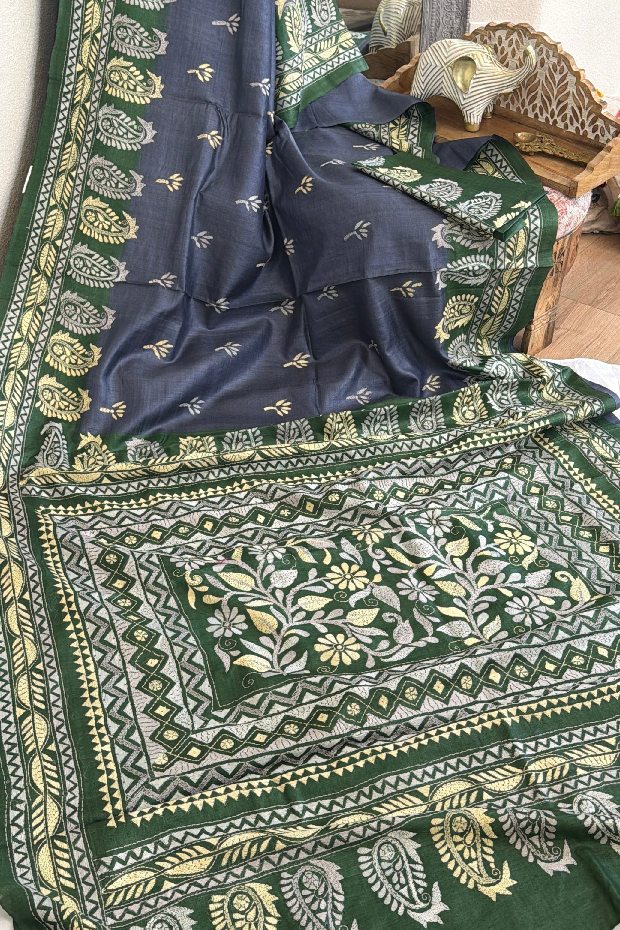 Kantha Stitch Saree on tussar silk