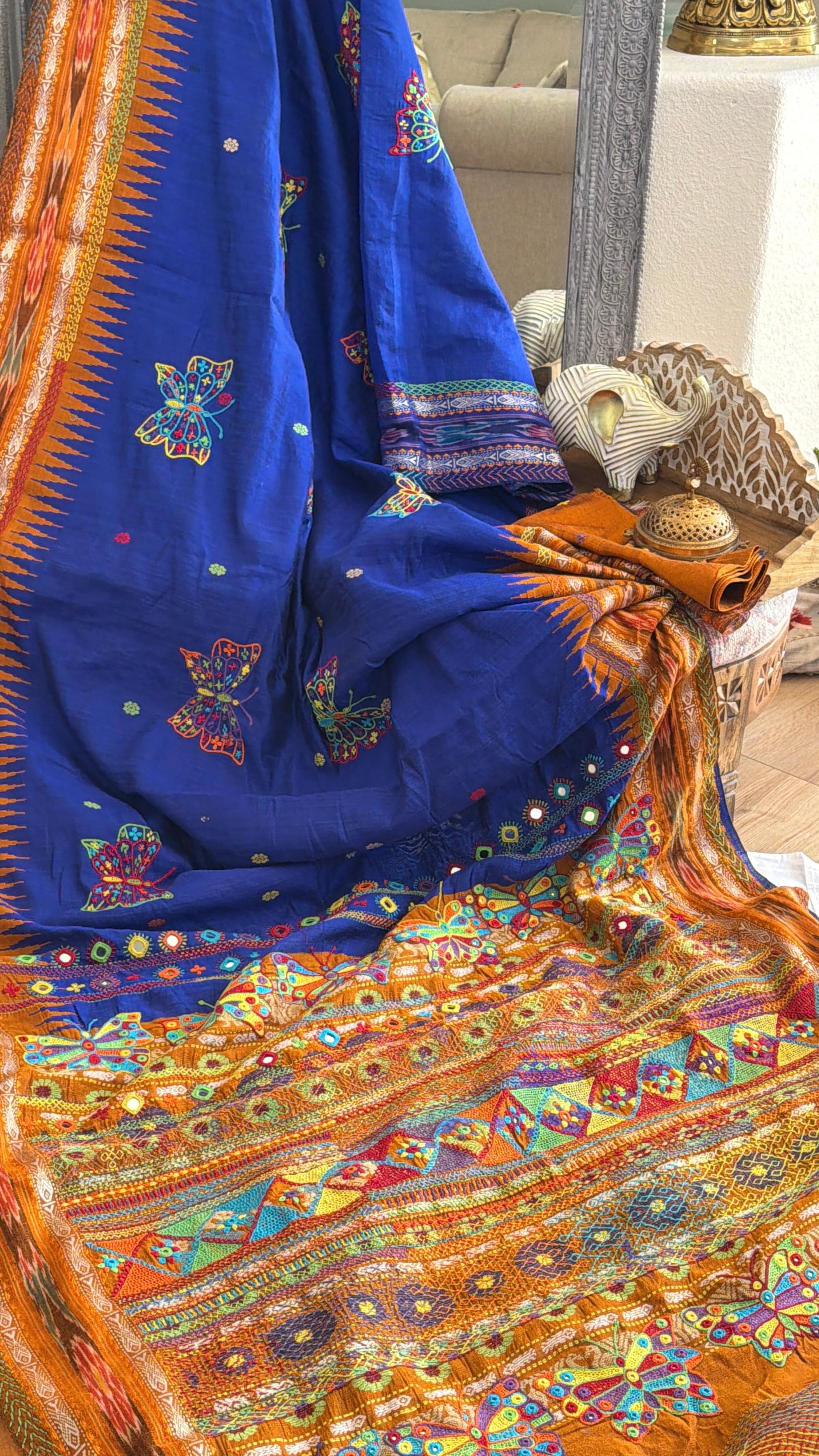 Lambani Hand Embroidered Raw Silk Saree with butterfly motifs