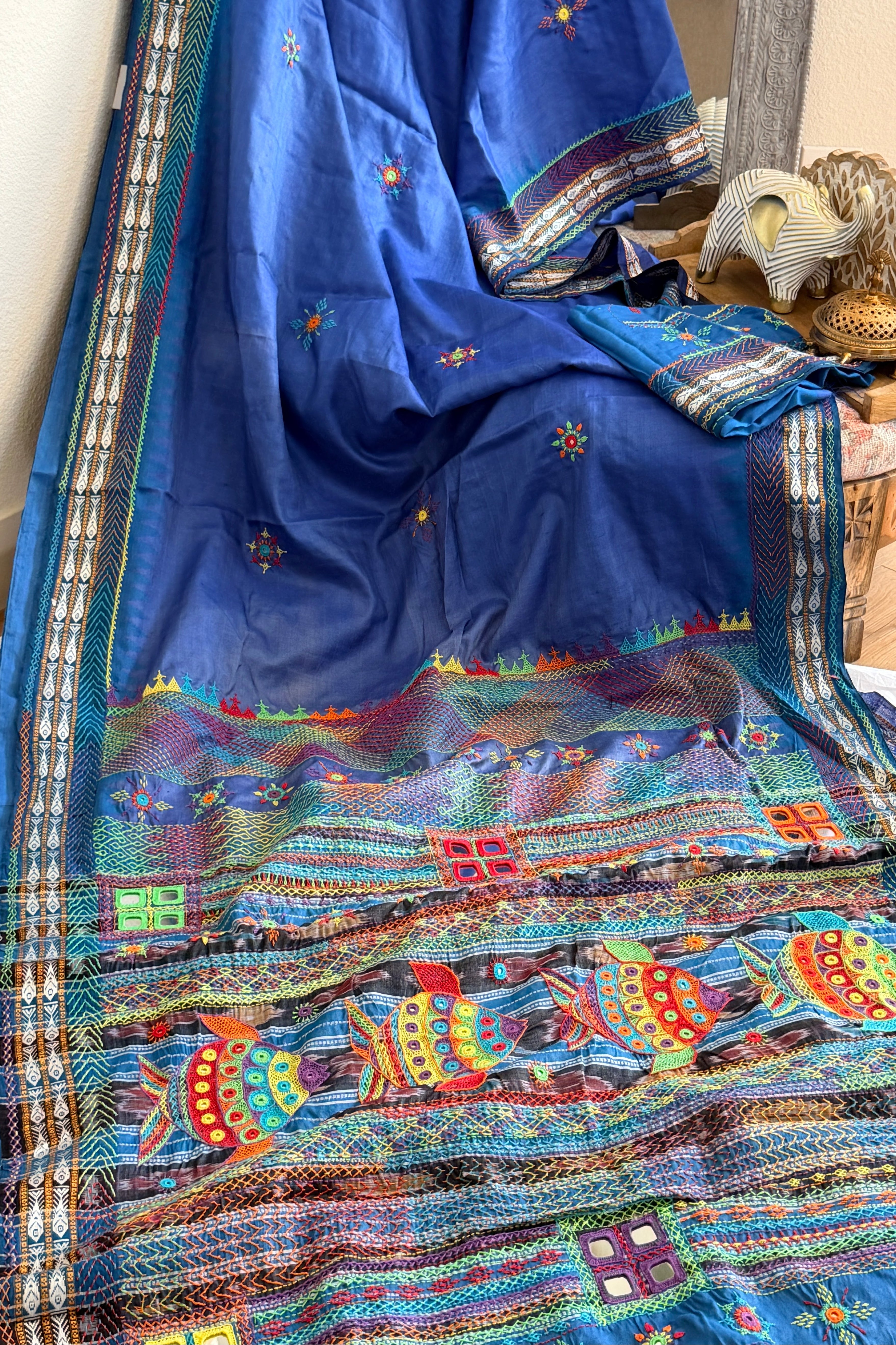 Lambani Hand Embroidered Raw Silk Saree with fish motifs