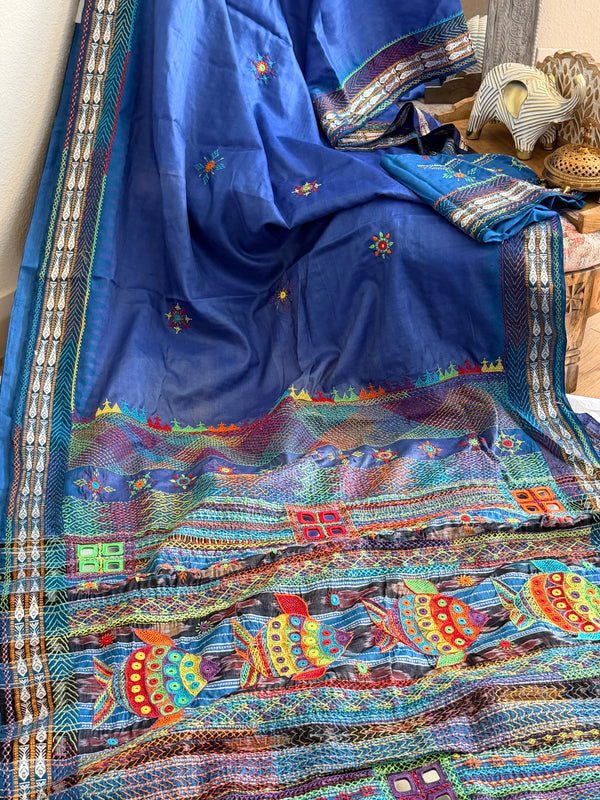 Lambani Hand Embroidered Raw Silk Saree with fish motifs