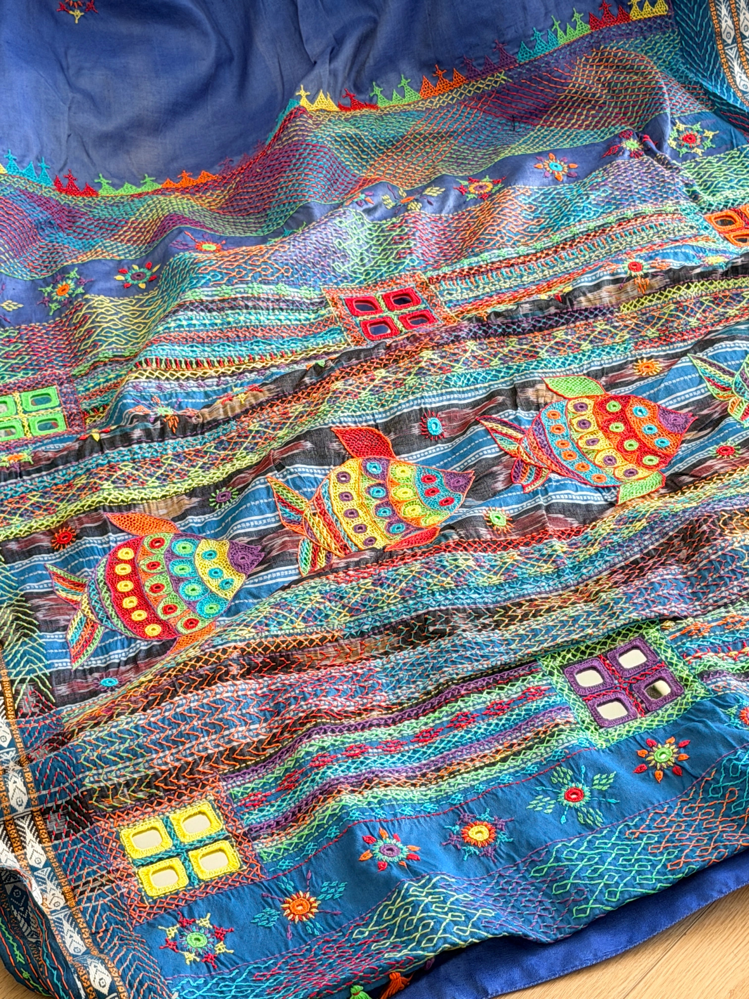 Lambani Hand Embroidered Raw Silk Saree with fish motifs
