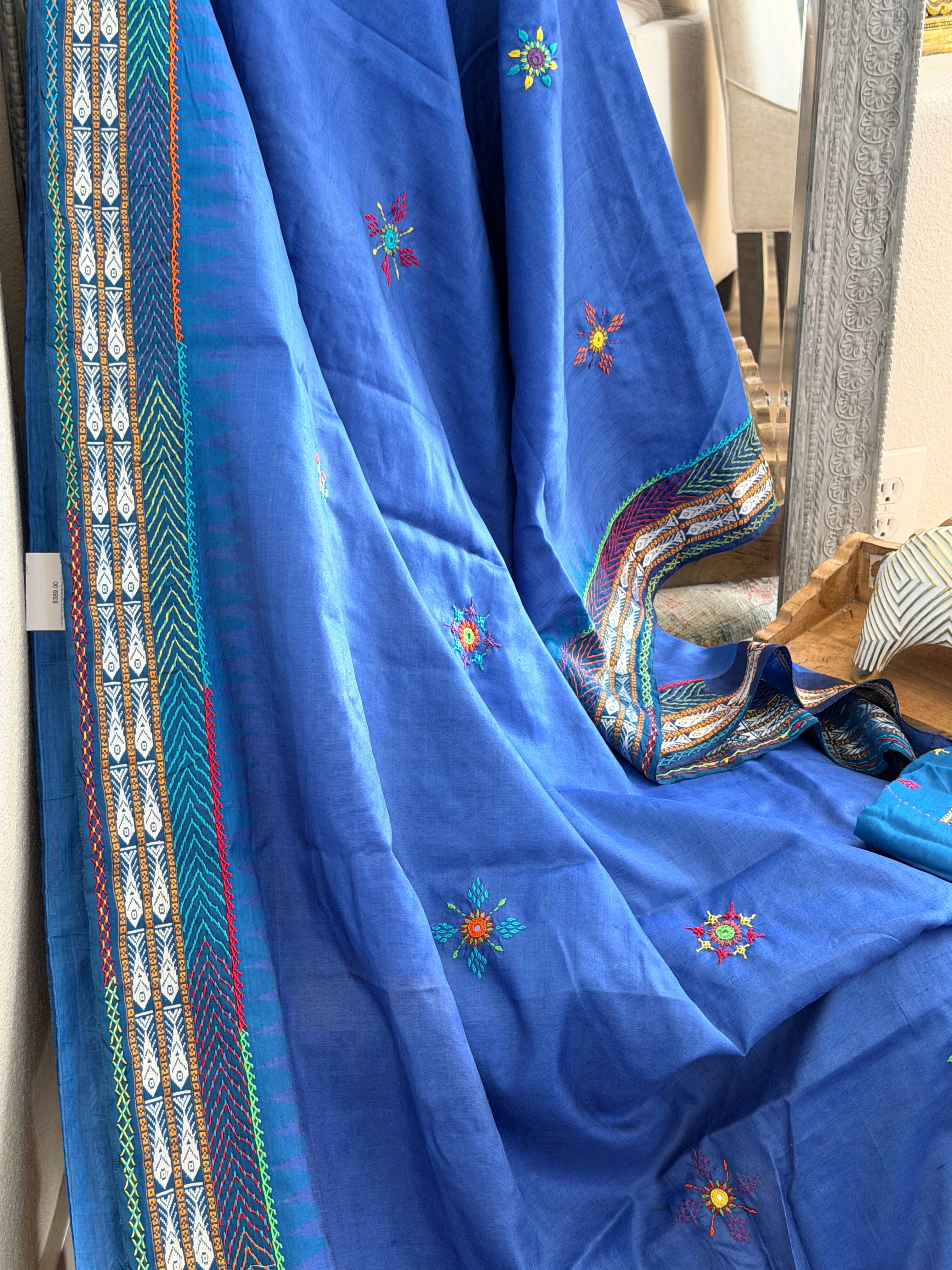Lambani Hand Embroidered Raw Silk Saree with fish motifs