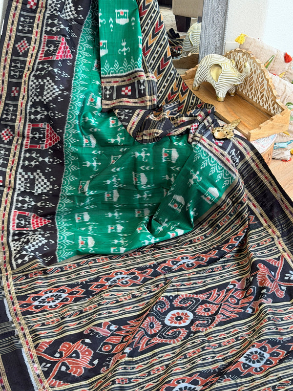 Green black tribal design khandua silk saree