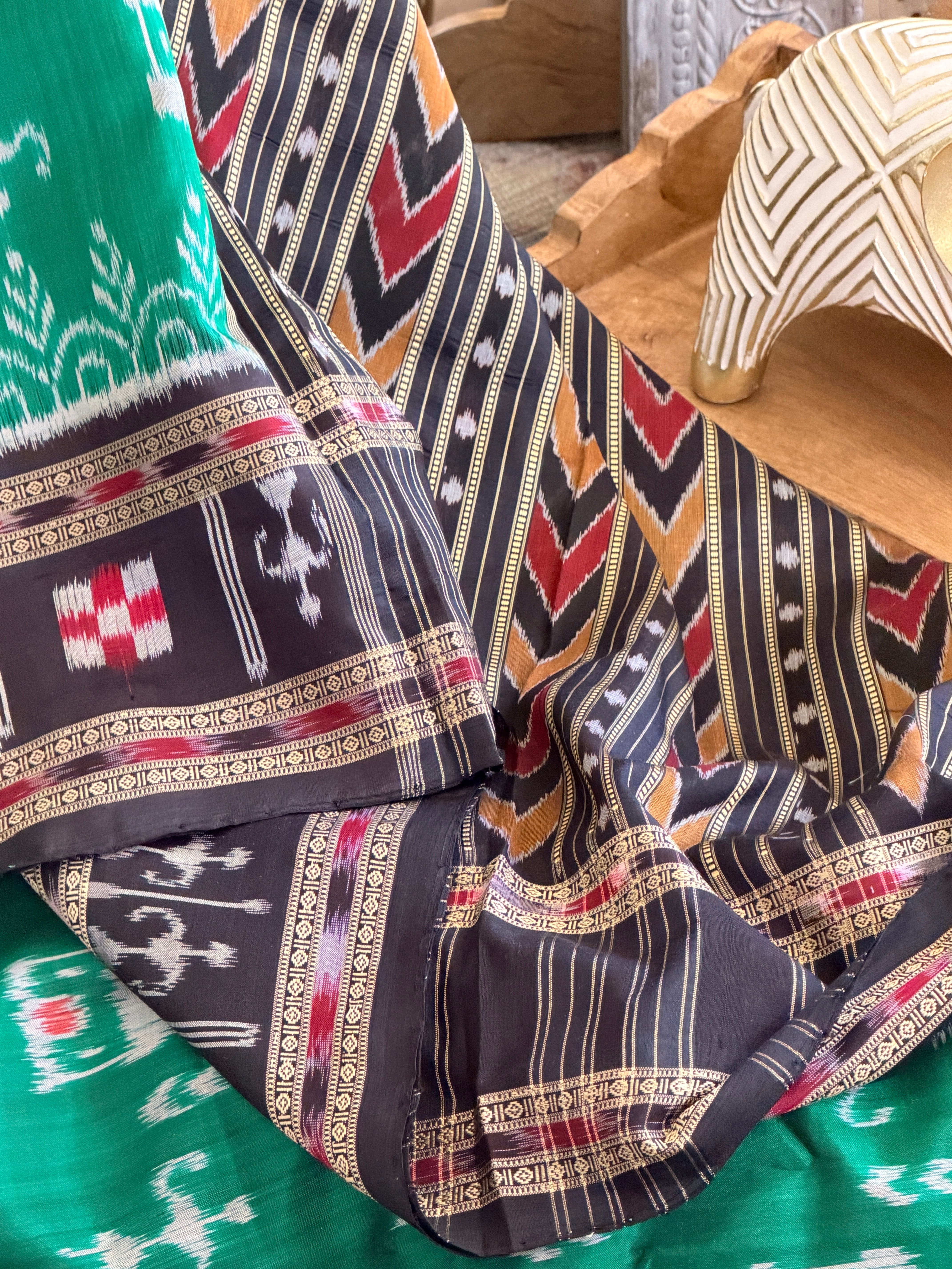 Green black tribal design khandua silk saree