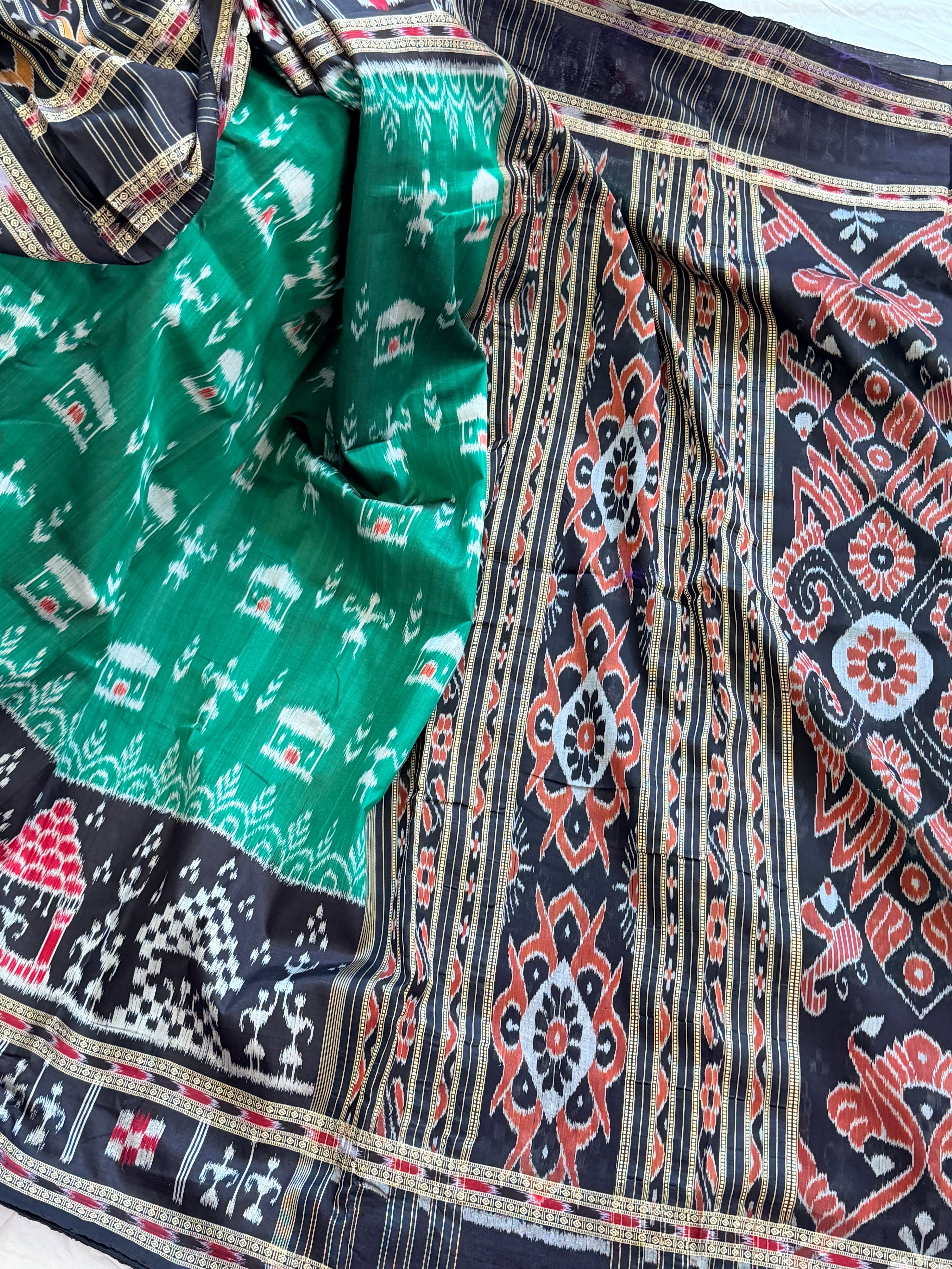 Green black tribal design khandua silk saree