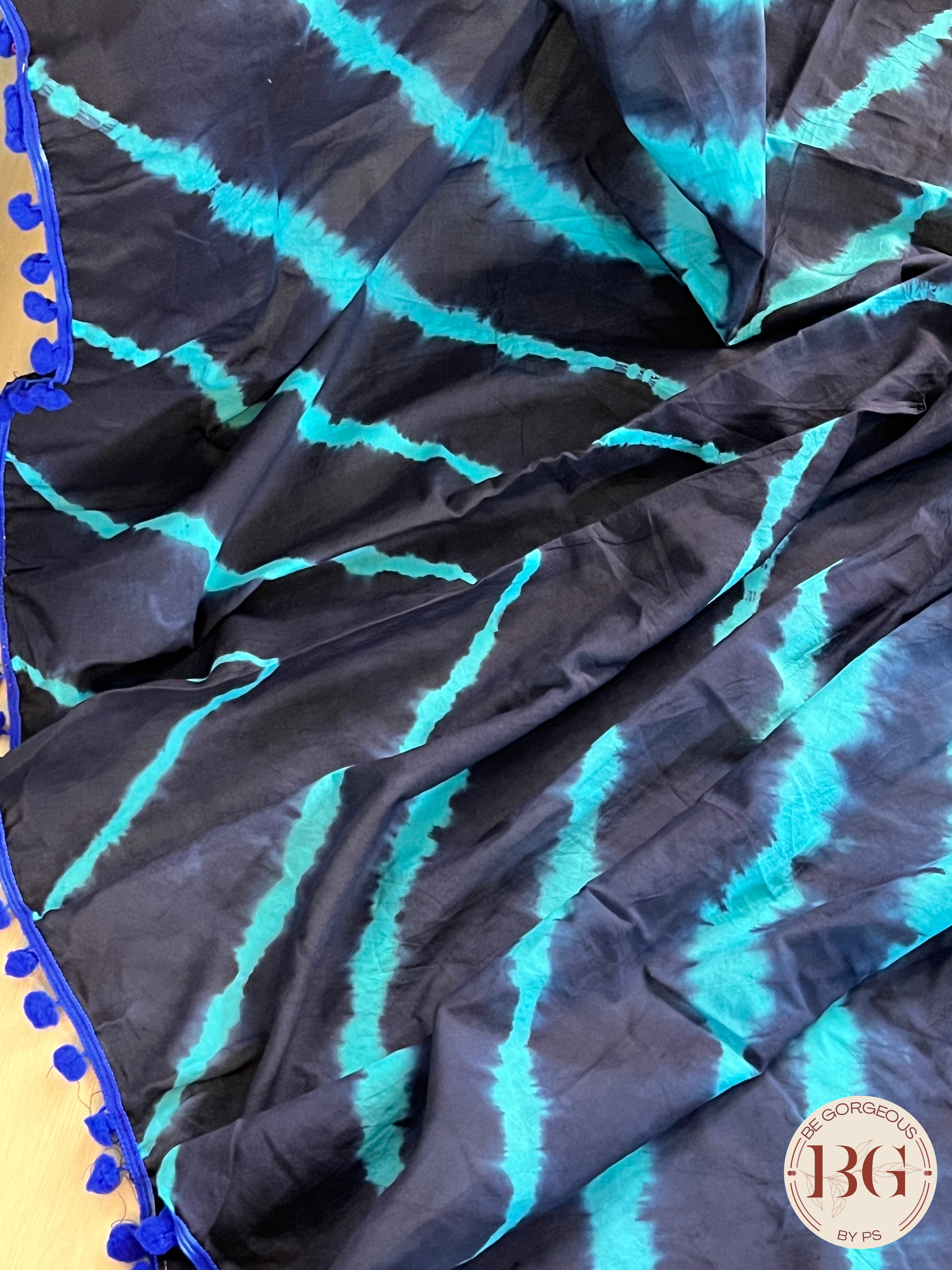 Mulmul Cotton saree with pompom - Tie Dye print saree color - blue