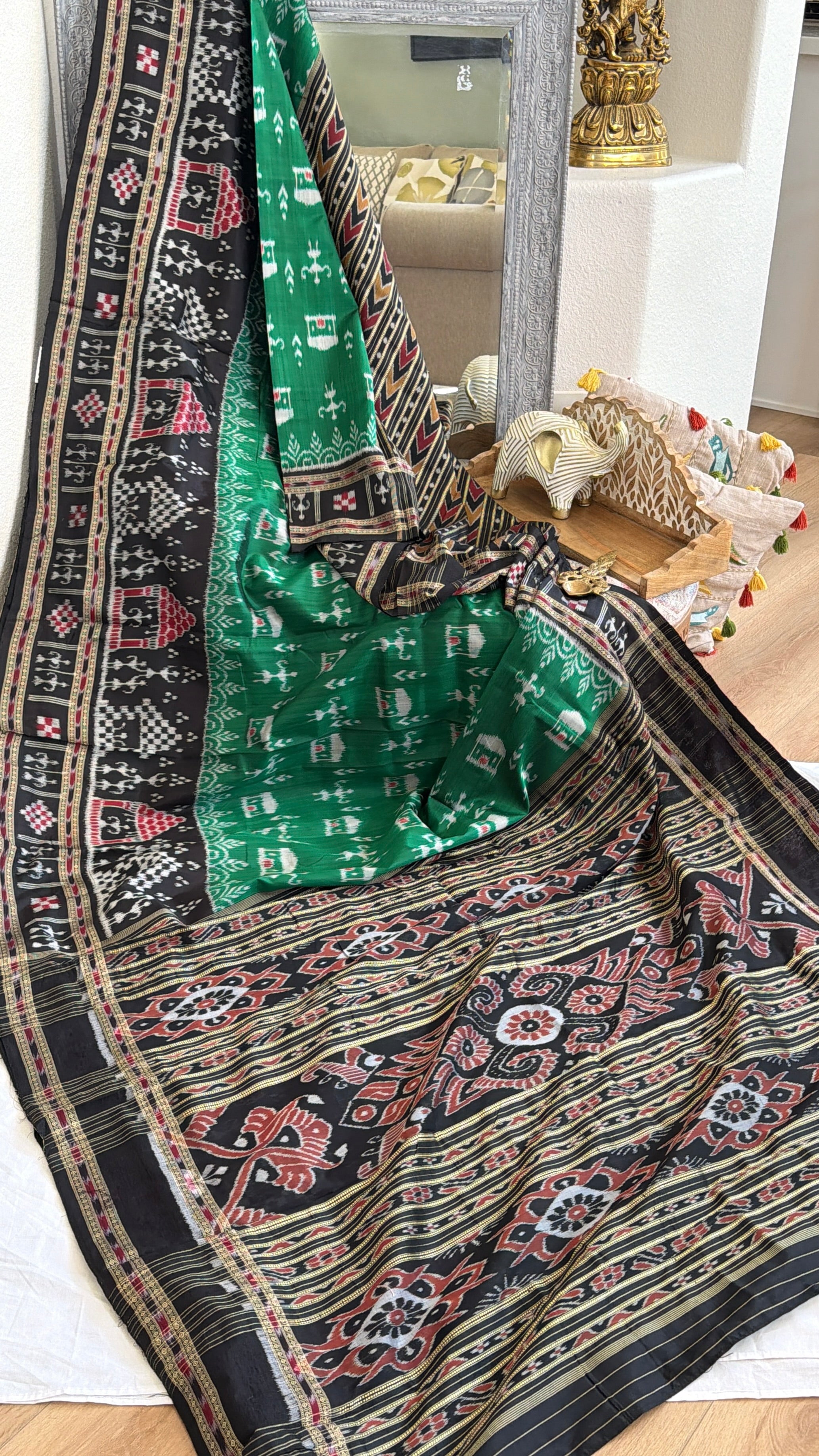 Green black tribal design khandua silk saree