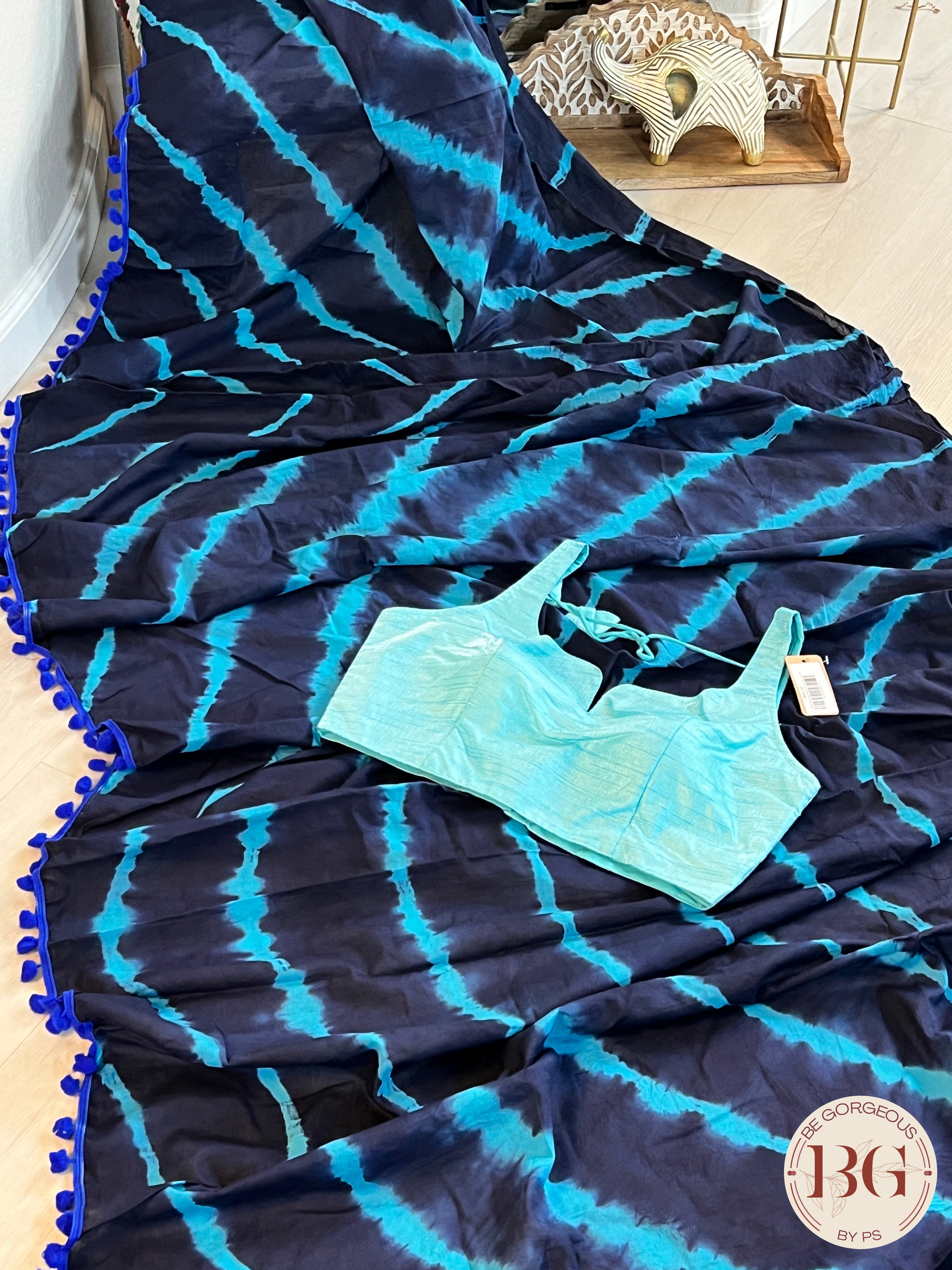 Mulmul Cotton saree with pompom - Tie Dye print saree color - blue