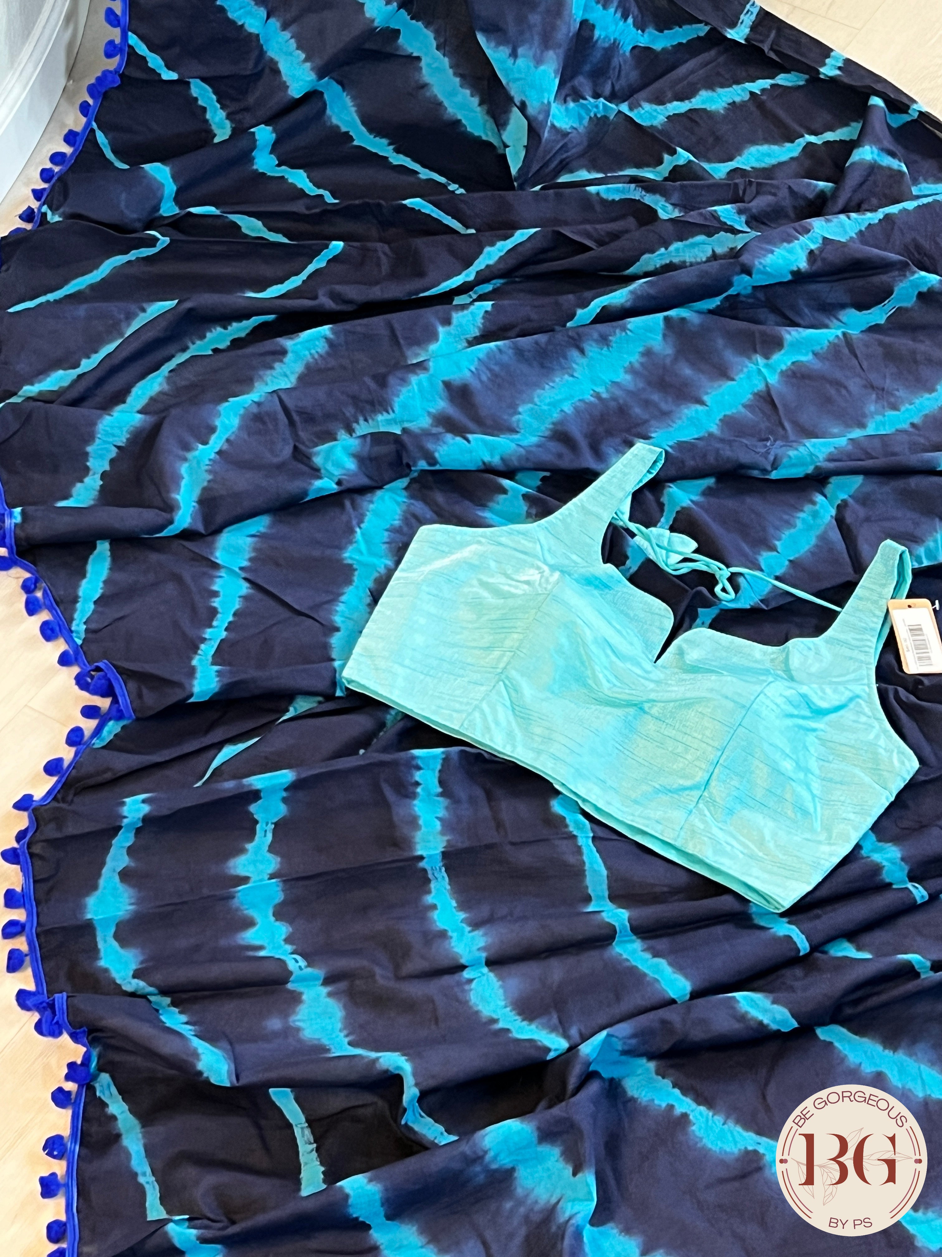 Mulmul Cotton saree with pompom - Tie Dye print saree color - blue