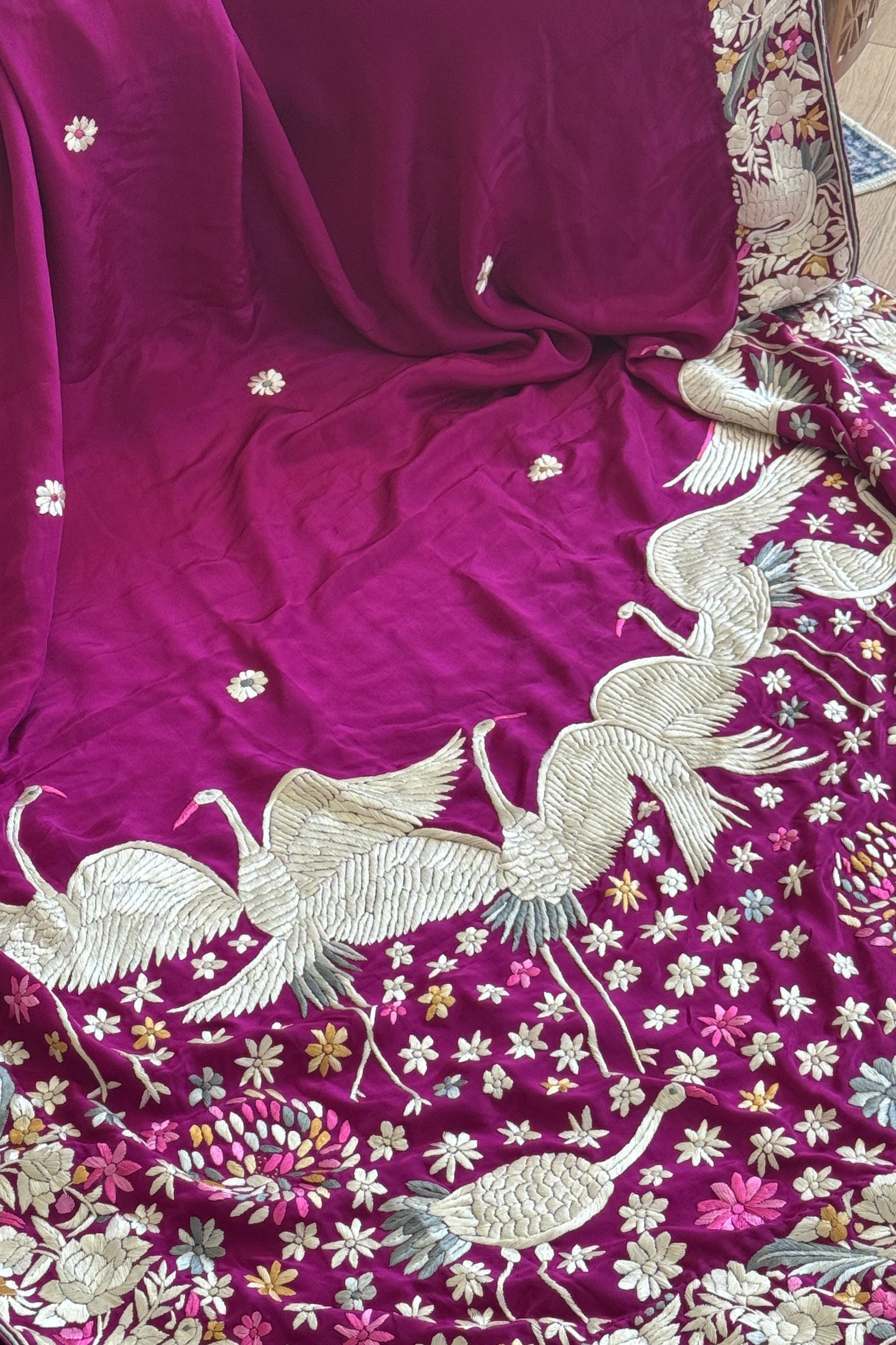 Parsi Gara hand embroidered crepe silk saree