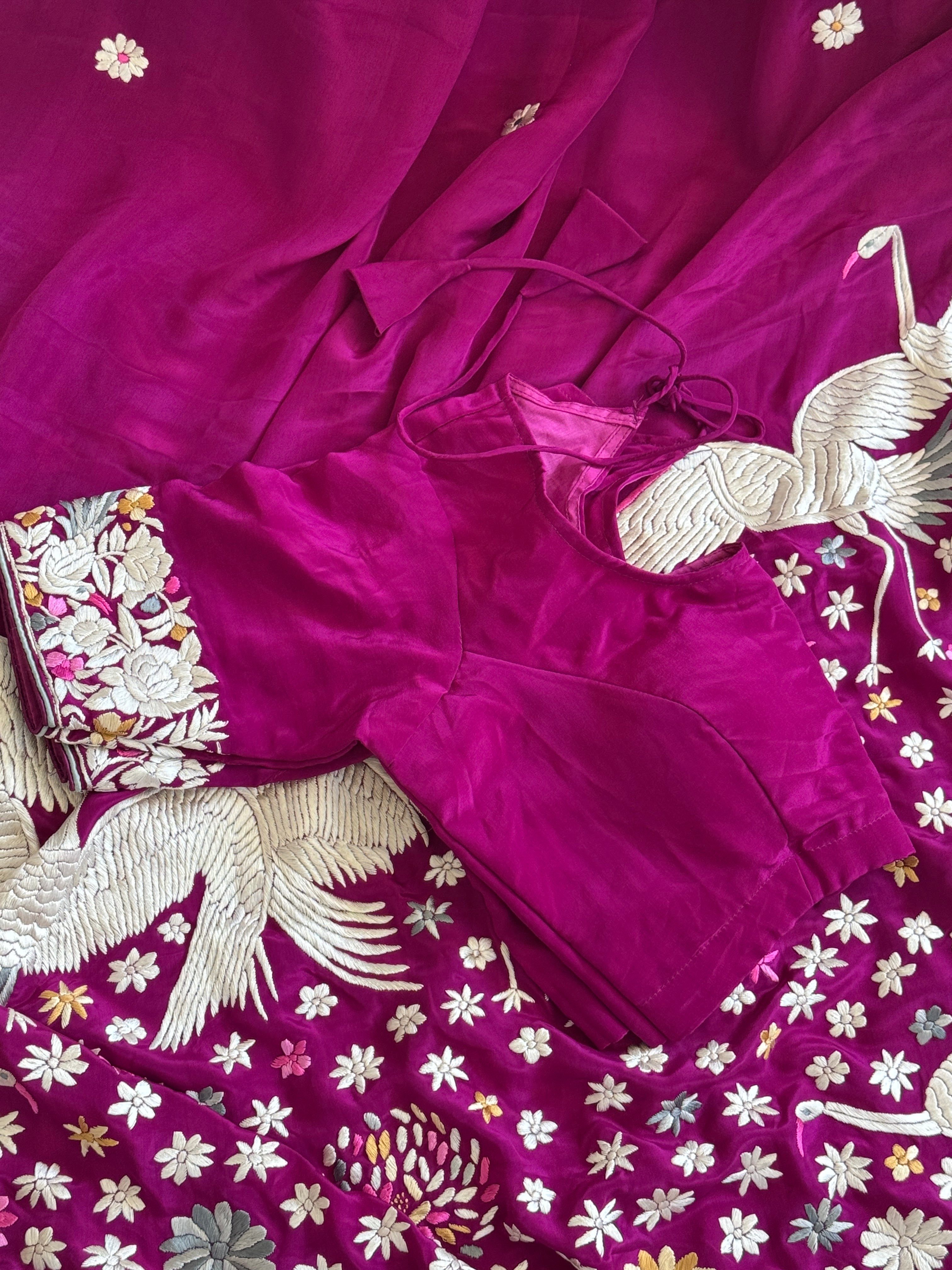 Parsi Gara hand embroidered crepe silk saree