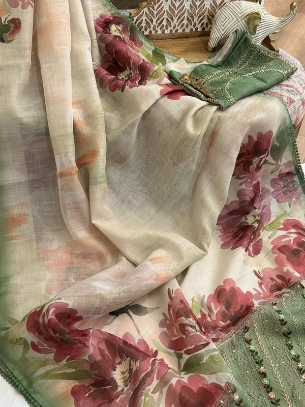 Bengal Linen Saree handpainted with French Knot Embroidery