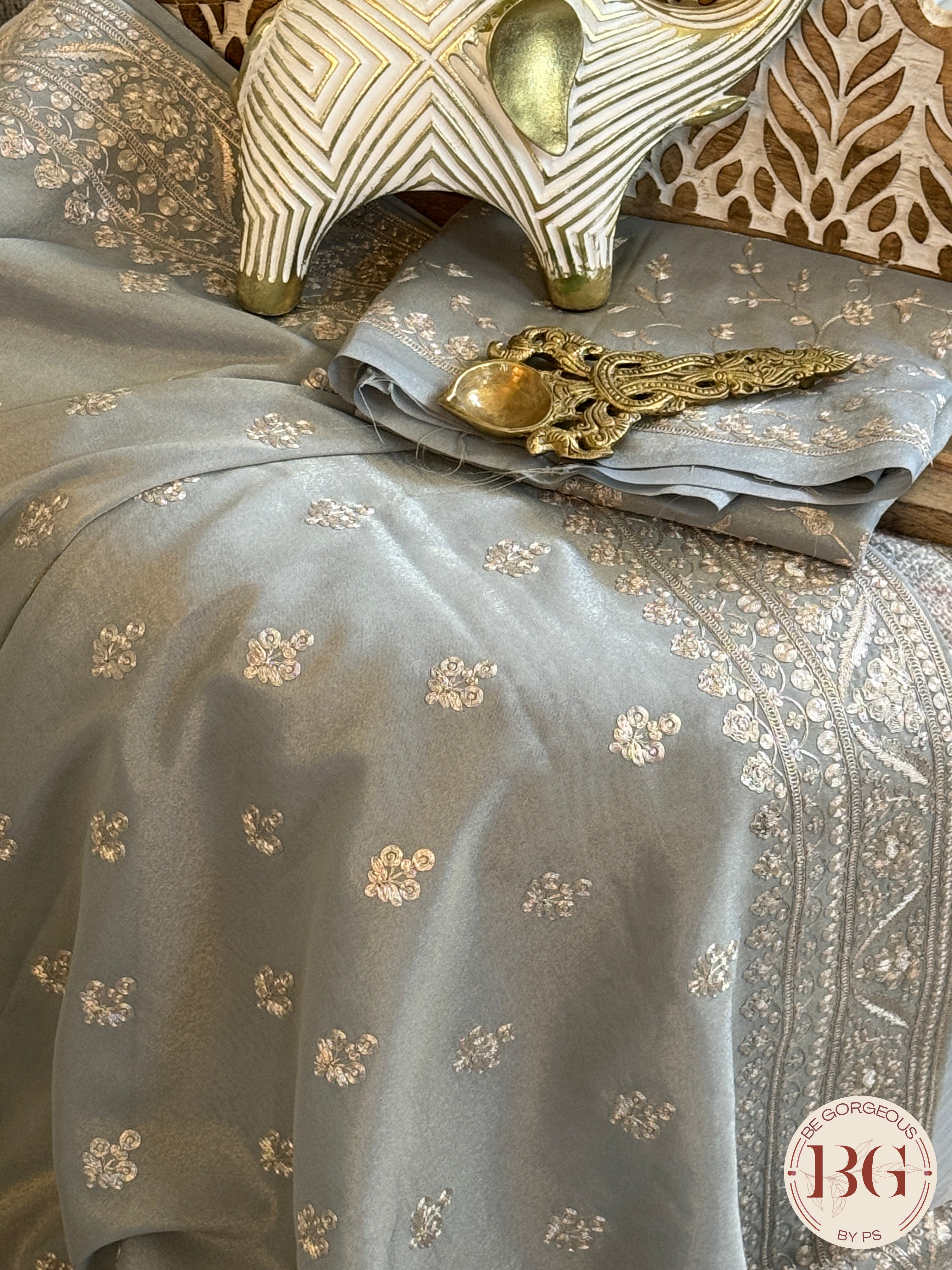 Organza satin silk saree with threadwork - blue