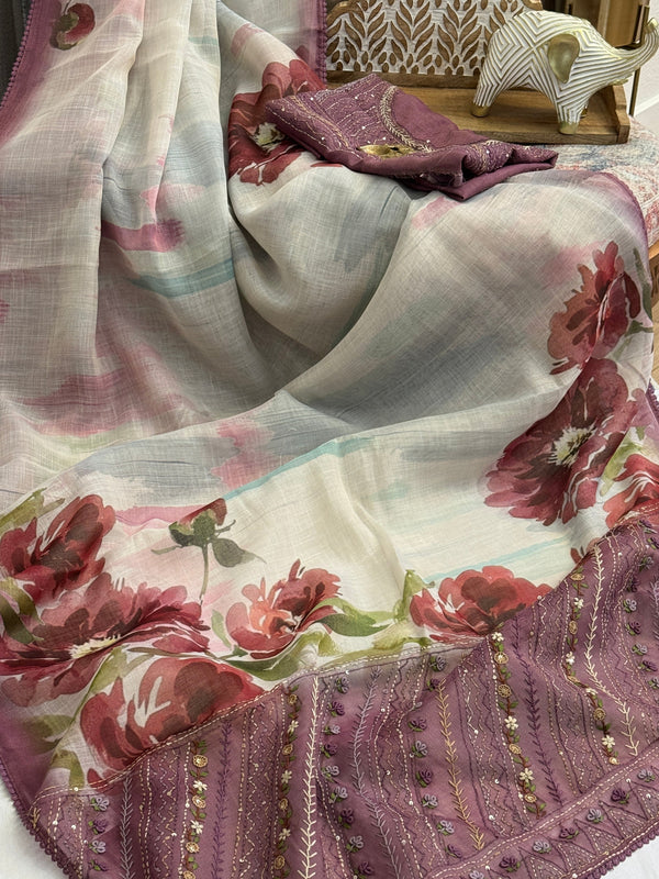 Bengal Linen Saree handpainted with French Knot Embroidery