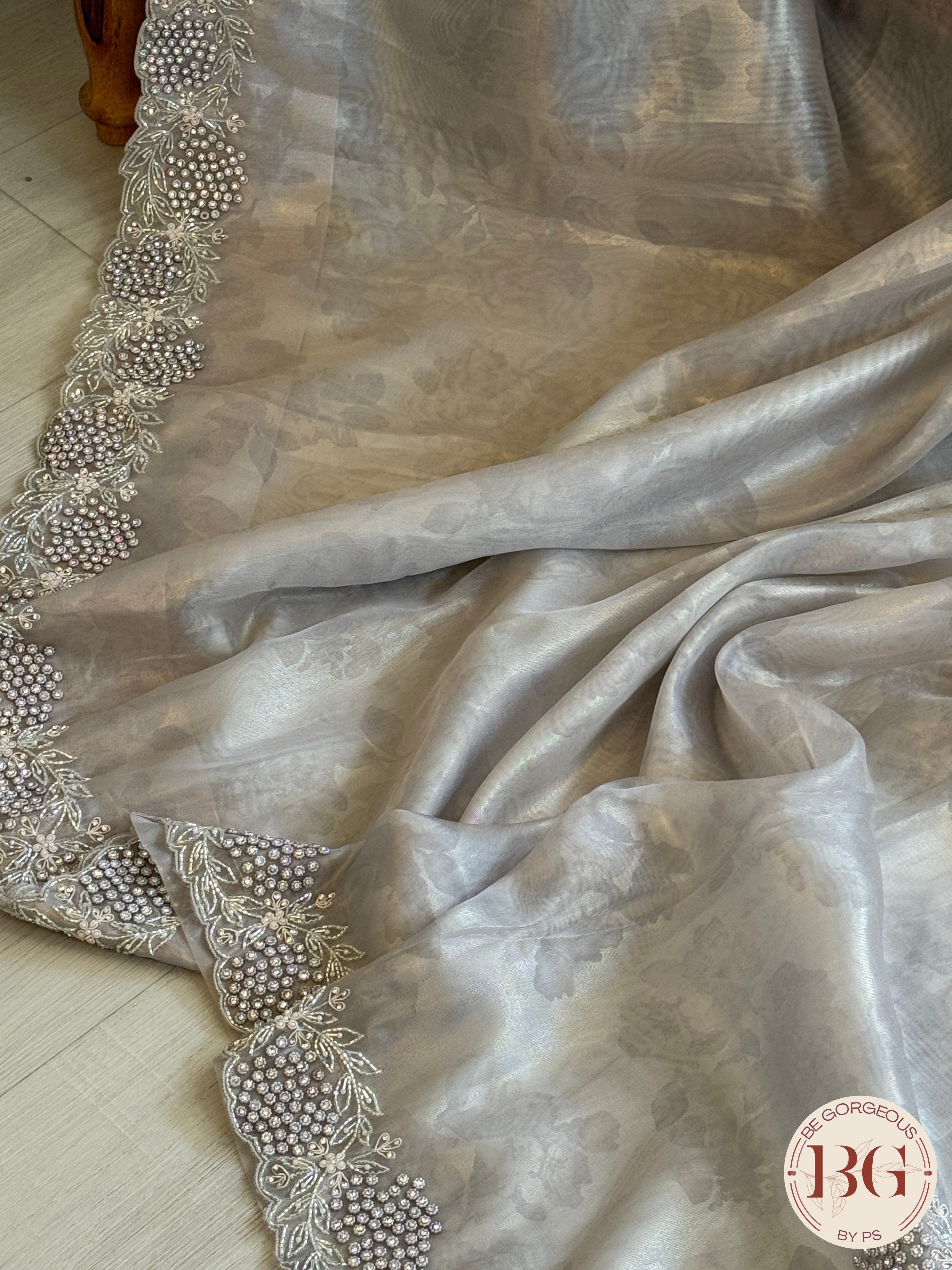 Tissue organza silk with stone work - lavendar
