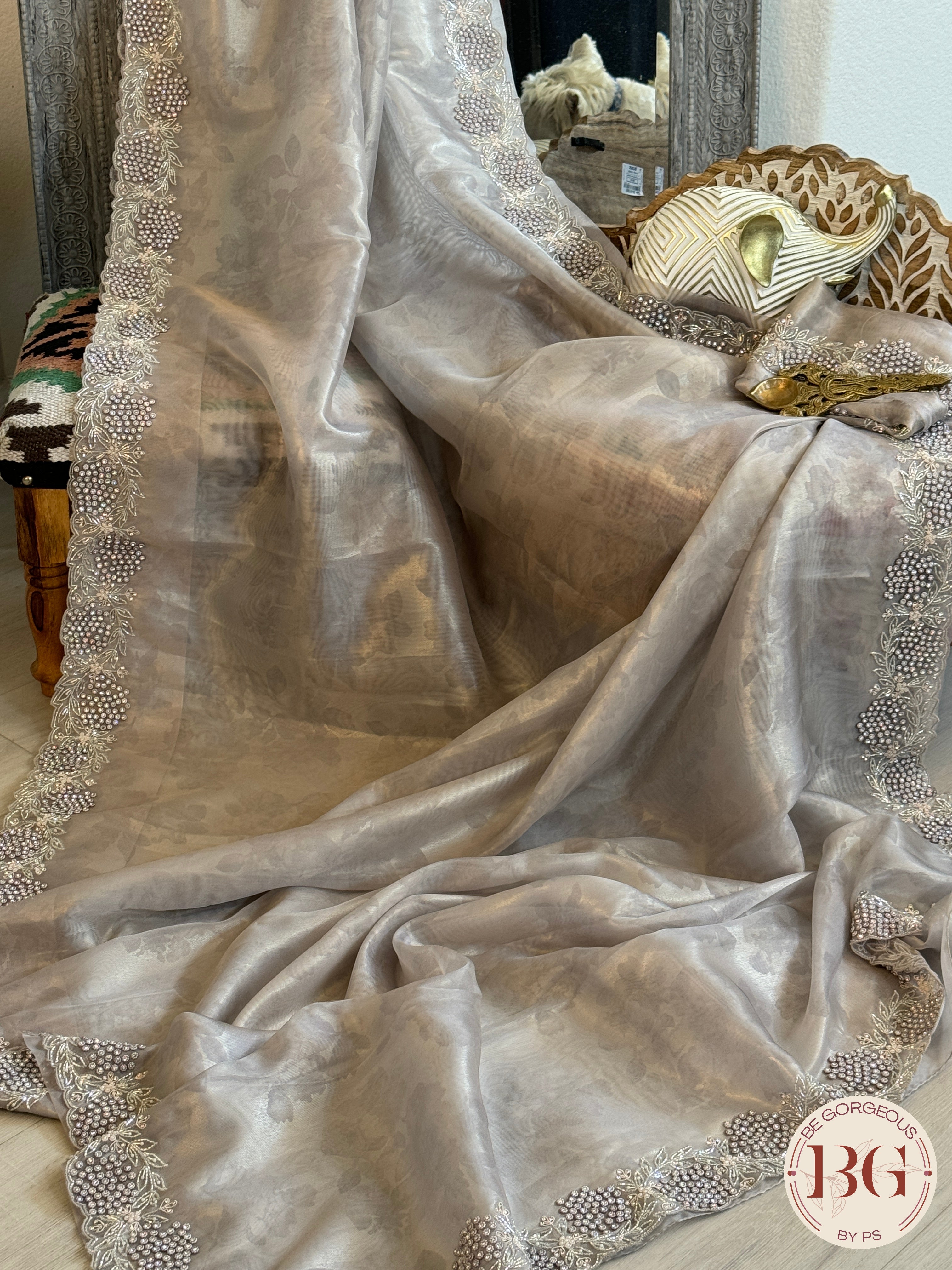 Tissue organza silk with stone work - lavendar