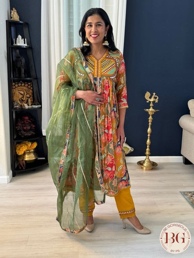 Naira cut dress with front slit. Full size organza dupatta