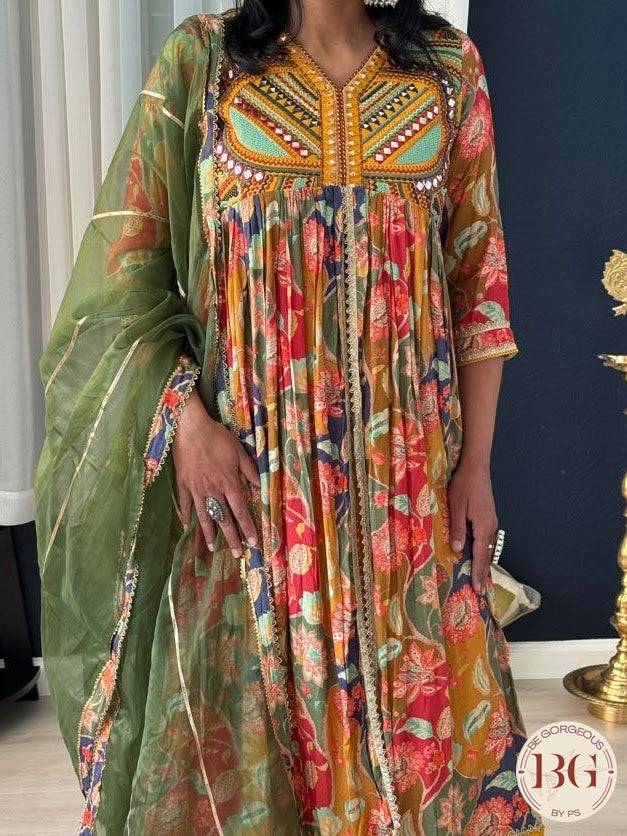 Naira cut dress with front slit. Full size organza dupatta