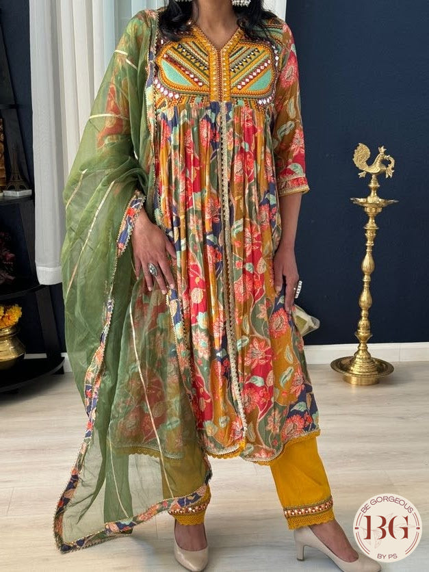 Naira cut dress with front slit. Full size organza dupatta
