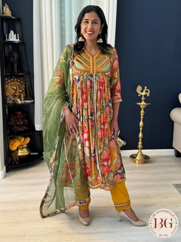 Naira cut dress with front slit. Full size organza dupatta