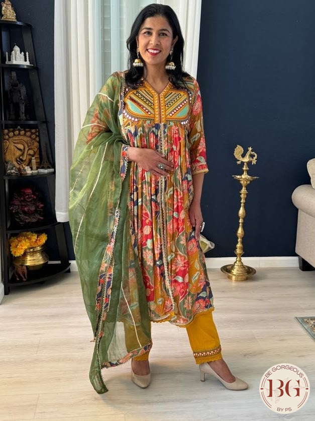 Naira cut dress with front slit. Full size organza dupatta