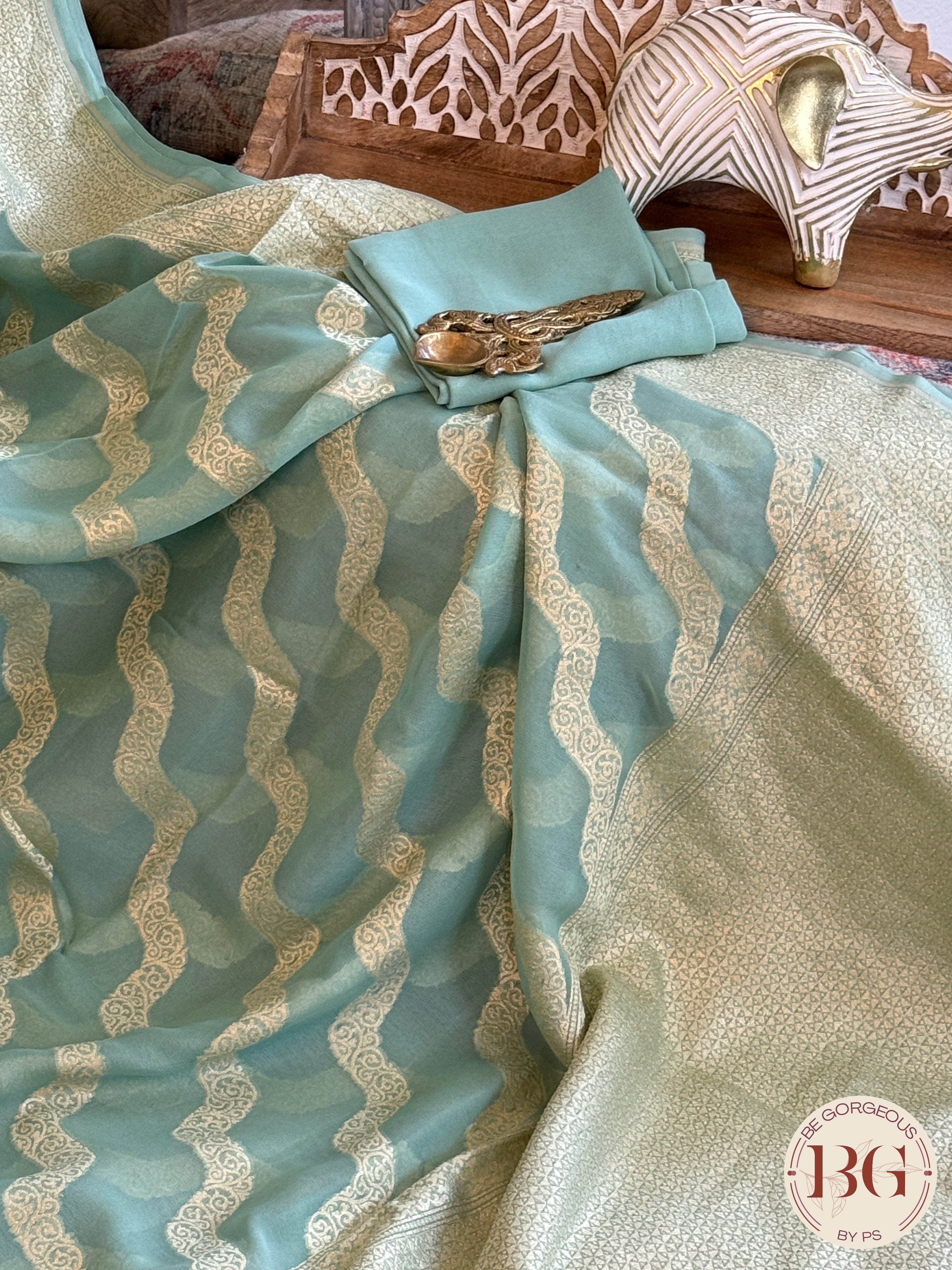 Banarasi Handwoven Khaddi Georgette Saree with Golden & Antique Zari allover and silkmark certificate - Green