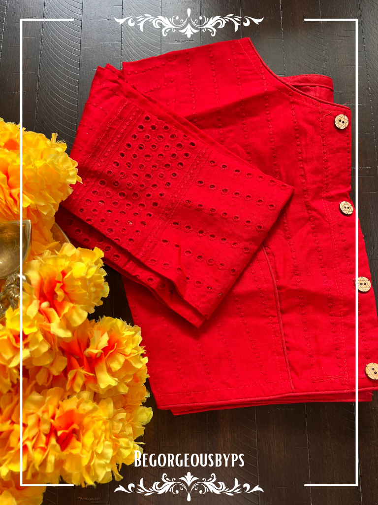 Hakoba Cotton Sleeves blouse color - red