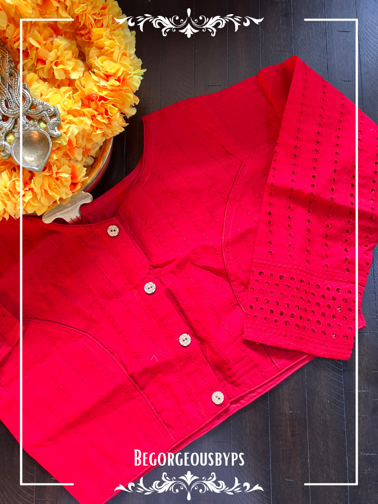 Hakoba Cotton Sleeves blouse color - red