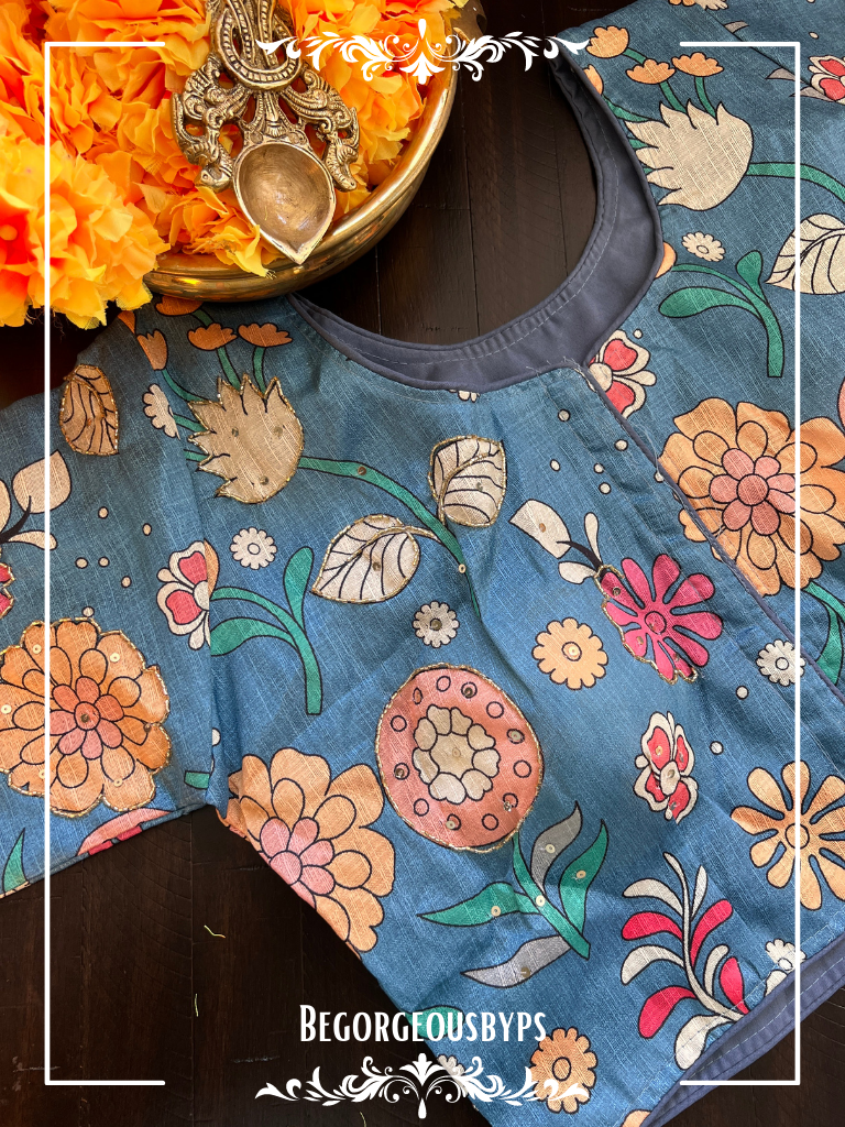 Kalamkari Front hooks sleeves Blouse Flowers blouse color - blue