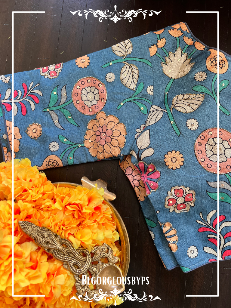 Kalamkari Front hooks sleeves Blouse Flowers blouse color - blue