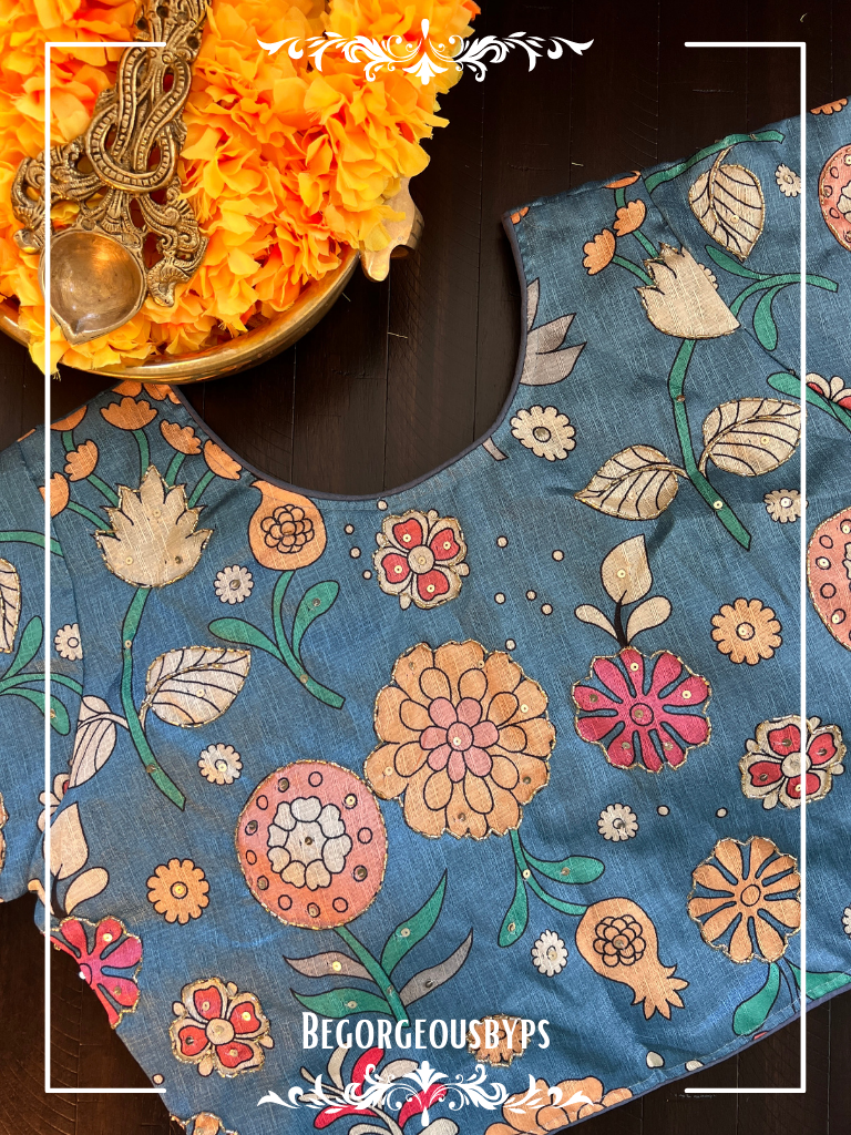 Kalamkari Front hooks sleeves Blouse Flowers blouse color - blue